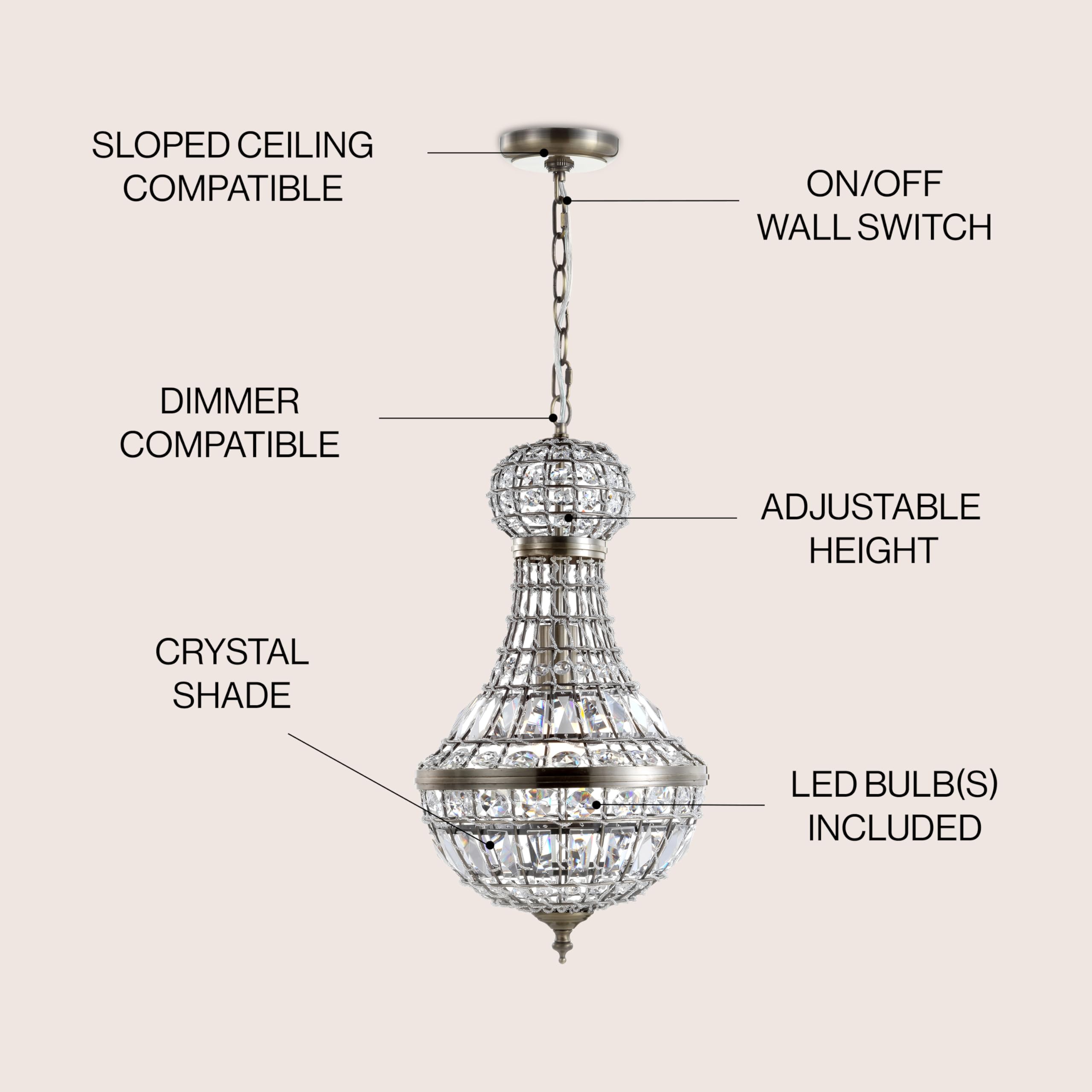 JONATHAN Y 10in Crystal Metal LED Chandelier Pendant Antique Brass, Model JYL6108A, Dimmable, Adjustable for Dining Room, Living Room, Kitchen