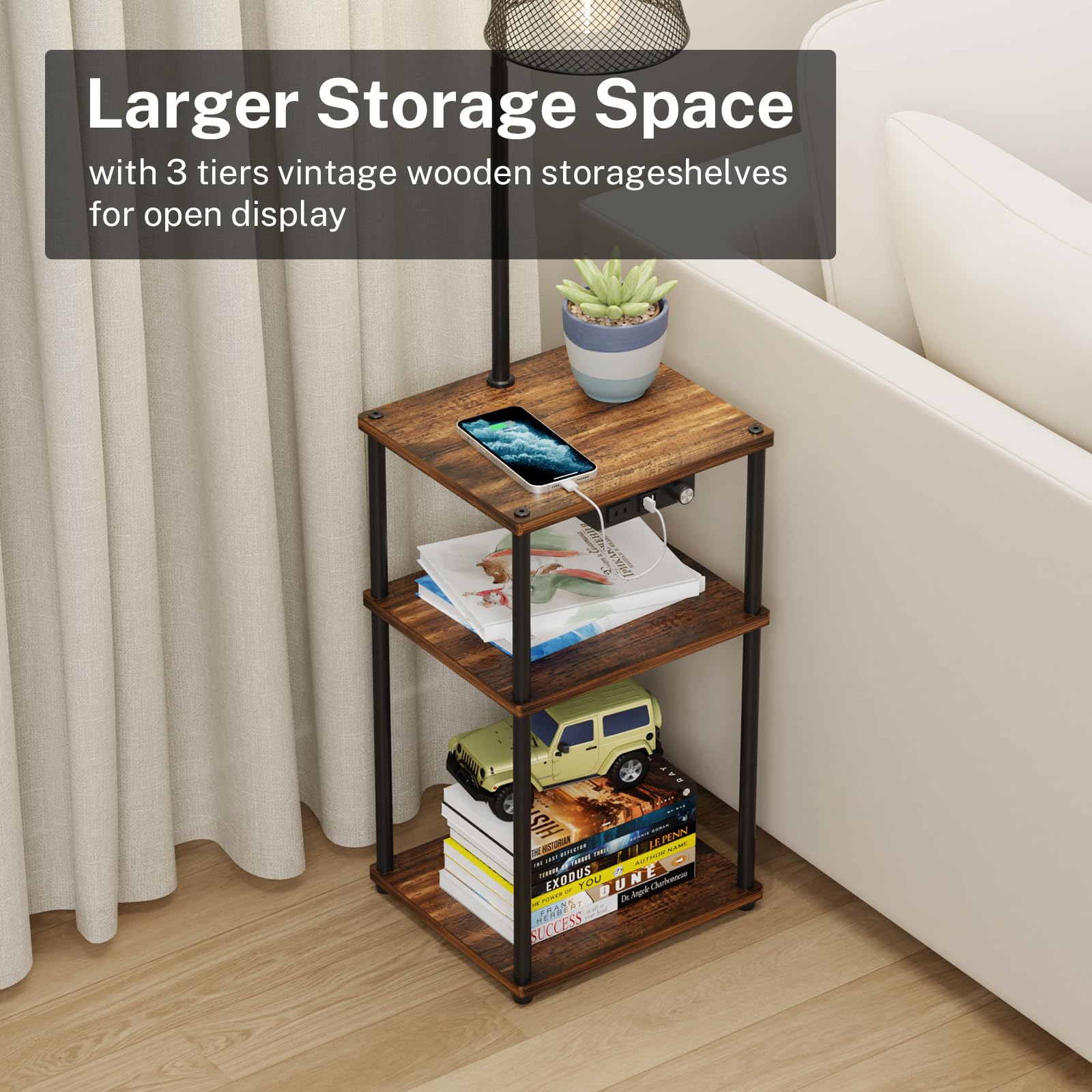 Pazarfami Floor Lamp With Table, Side Table With Usb Charging Port And Outlet, End Table With Floor Light For Living Room, Bedroom, Guest Room, Bulb Included (Black-2 Pack)