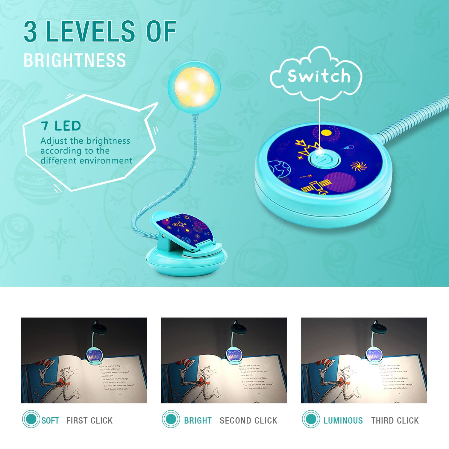 Vekkia Cute Rechargeable Book Light,Eye Caring Reading Light For Kids Clip On, 3 Colors & 3 Brightness, 1.8Oz Super Light Weight