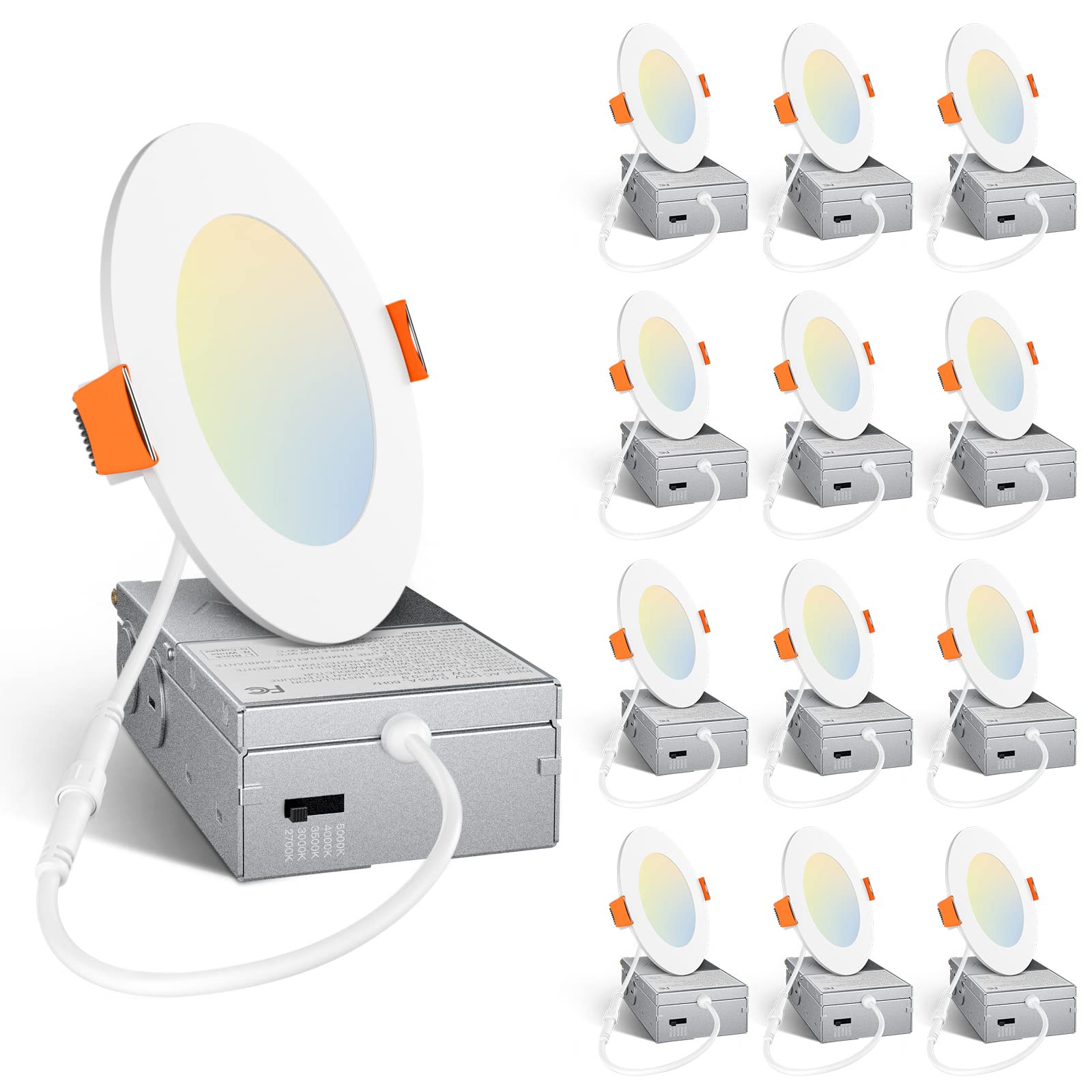 Amico 12 Pack 4 Inch 5Cct Ultra-Thin Led Recessed Dimmable Can/Ceiling Light With Junction Box, 2700K/3000K/3500K/4000K/5000K Selectable, 11W Eqv 70W, 800Lm High Brightness Wafer Downlight - Etl&Fcc