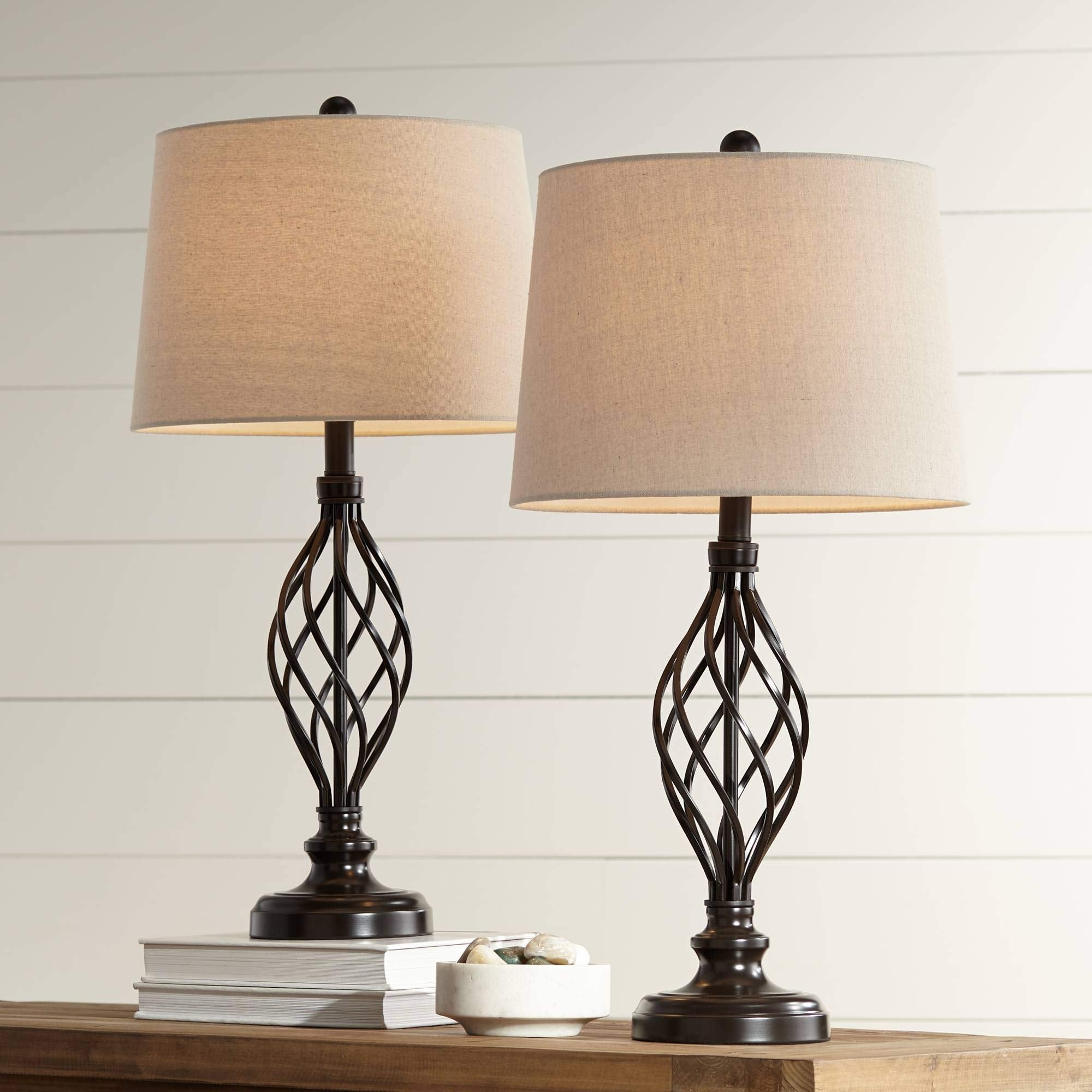 Franklin Iron Works Table Lamps Set of 2, 28in Tall, Bronze Metal, Cream Drum Shade, Traditional Rustic Farmhouse Design