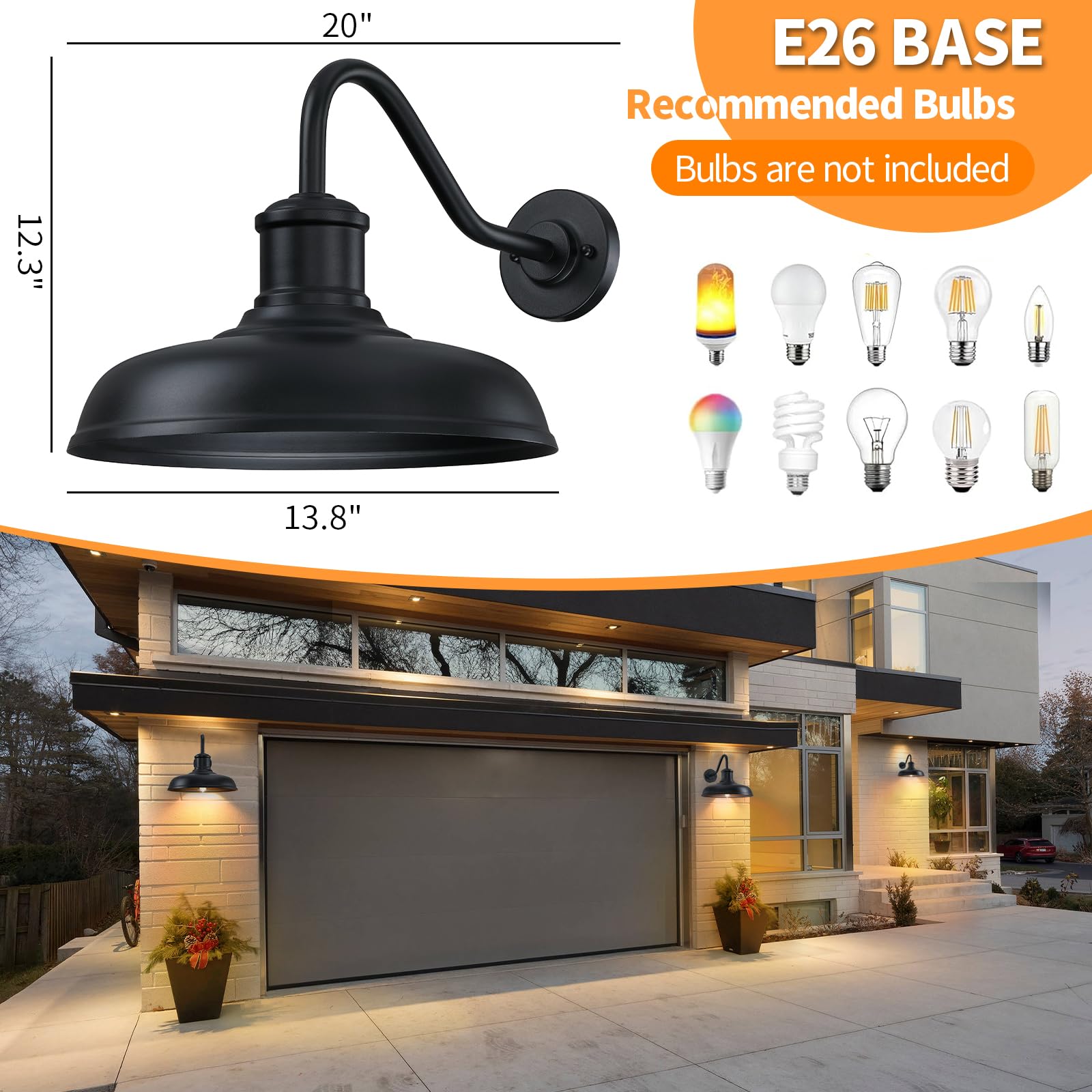 13.8 Diameter Large Outdoor Gooseneck Barn Light 2 Packs  Outdoor Wall Sconce Farmhouse Exterior Light Wall Lighting Fixture Industrial Outside Lantern For Porch  Patio  Garage  Black (No Sensor)