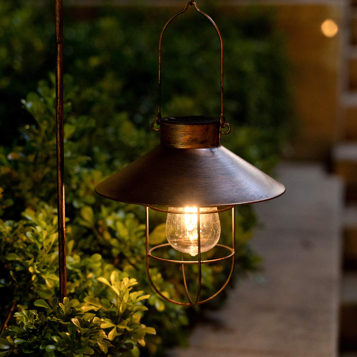 HUYIENO Solar Metal Hanging Lanterns 2-Pack with Shepherd Hook, Brushed Copper, Model HY1203