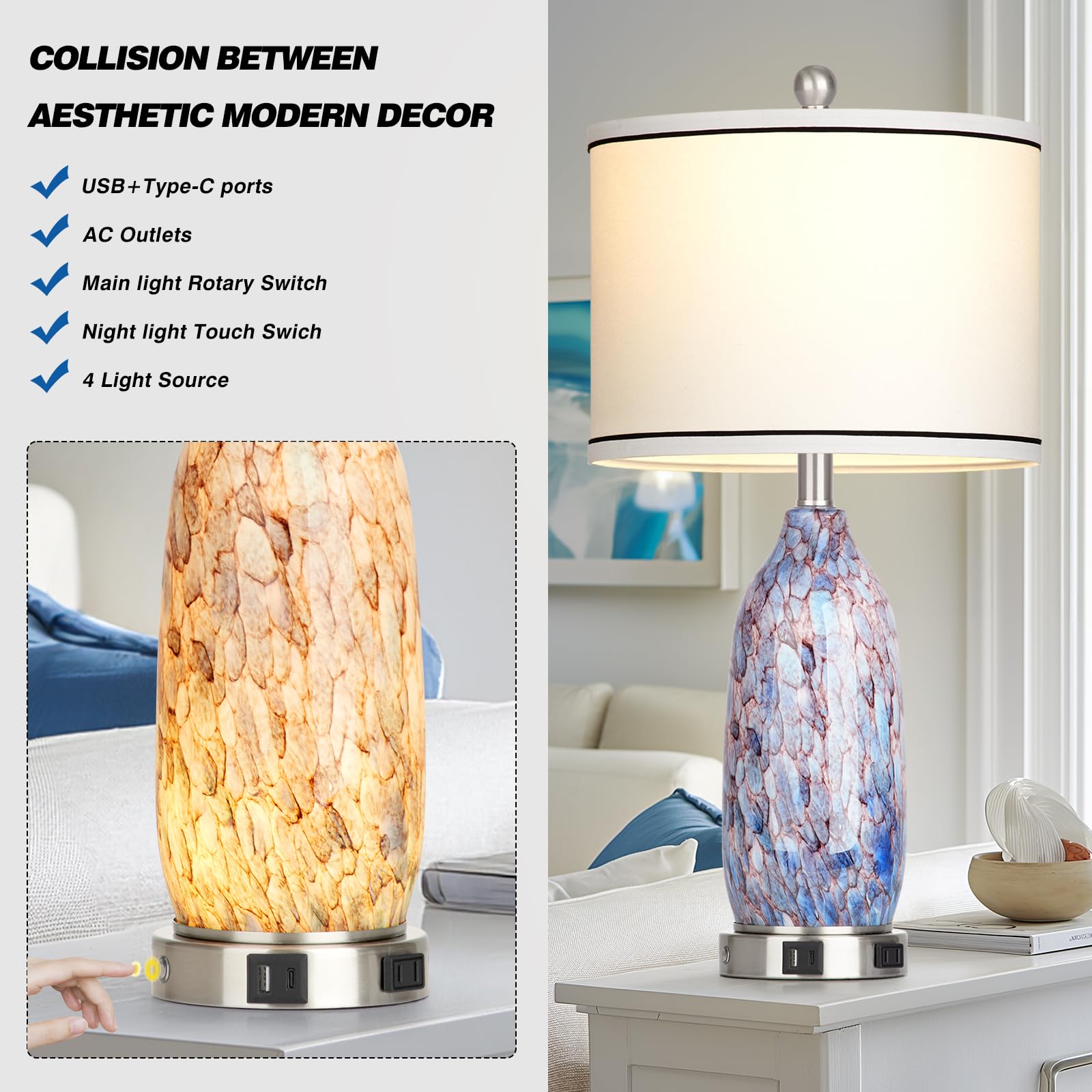 Lolikit Coastal Lamps - USB A+C Ports, LED Night Light, Large Multicolor Seashells Glass, Modern Touch Control for Bedroom Living Room