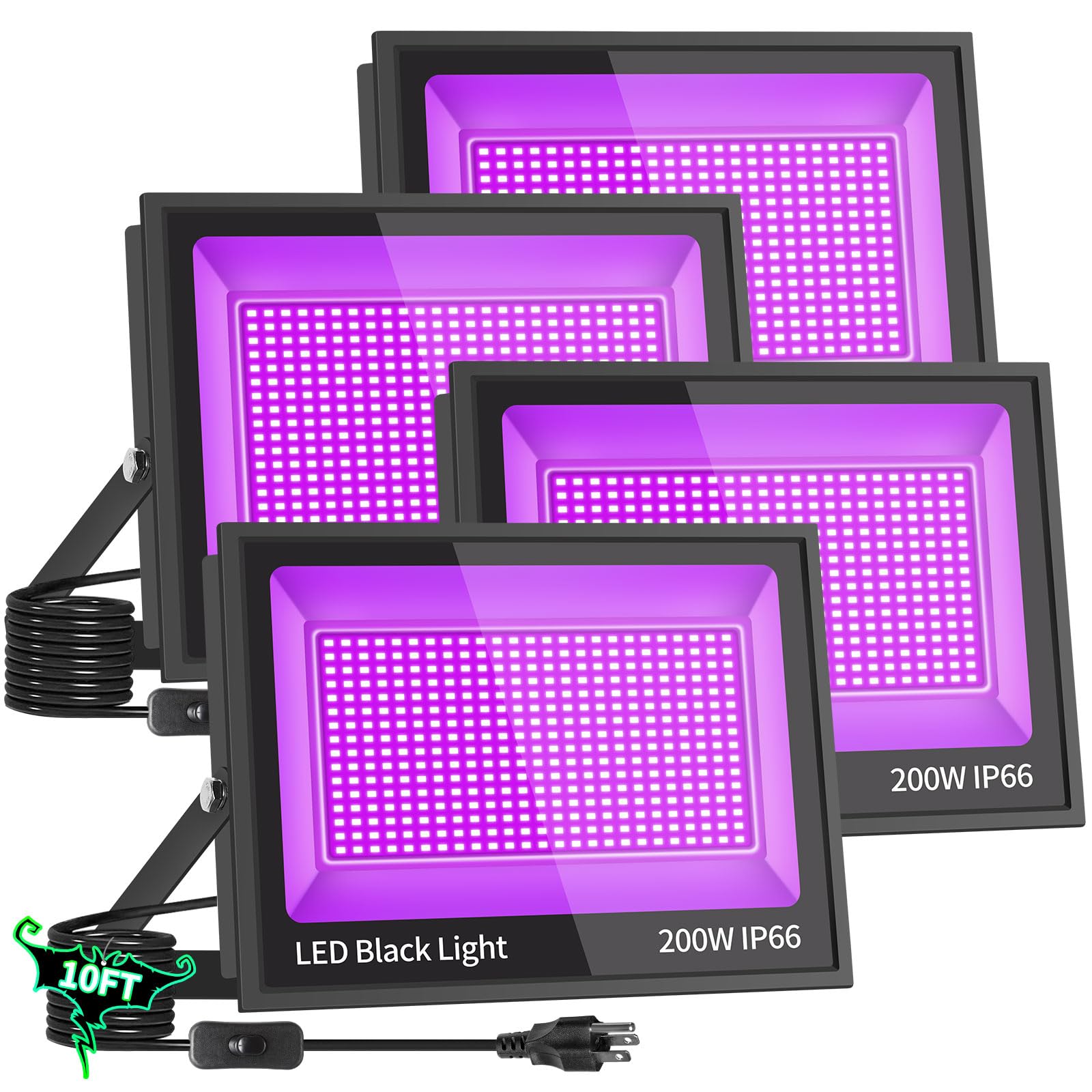 Yayit 200W Blacklight Flood Light With 10Ft Cord+Switch, Aluminum Shell, Ip66 Waterproof Outdoor Led Black Lights For Large Space, Glow Party, Halloween, Stage, Gym, Poster, Body Paint, 4 Pack