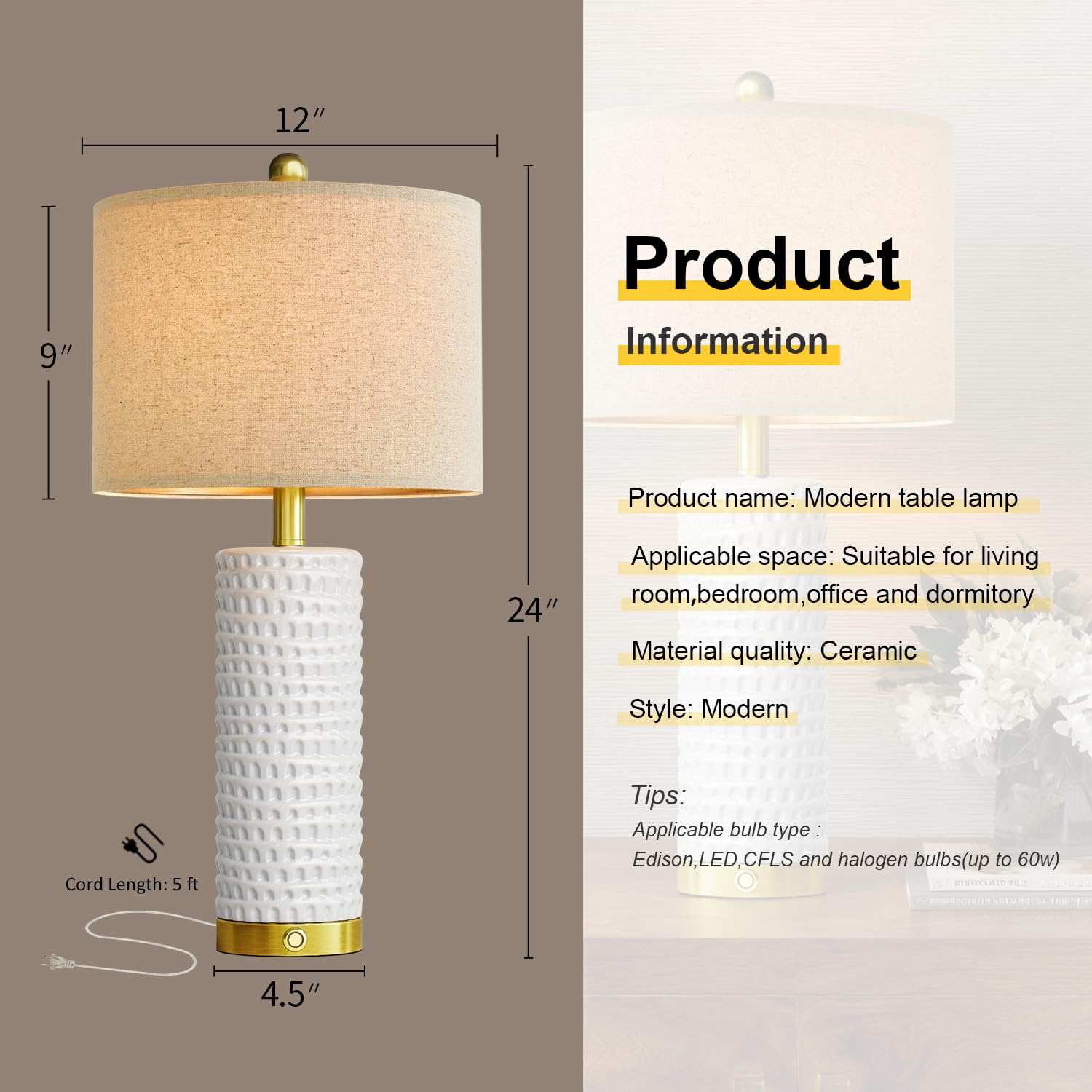 PORTRES Modern Ceramic Table Lamp Set of 2, 3-Way Dimmable, USB Charging Ports, Large, White and Gold