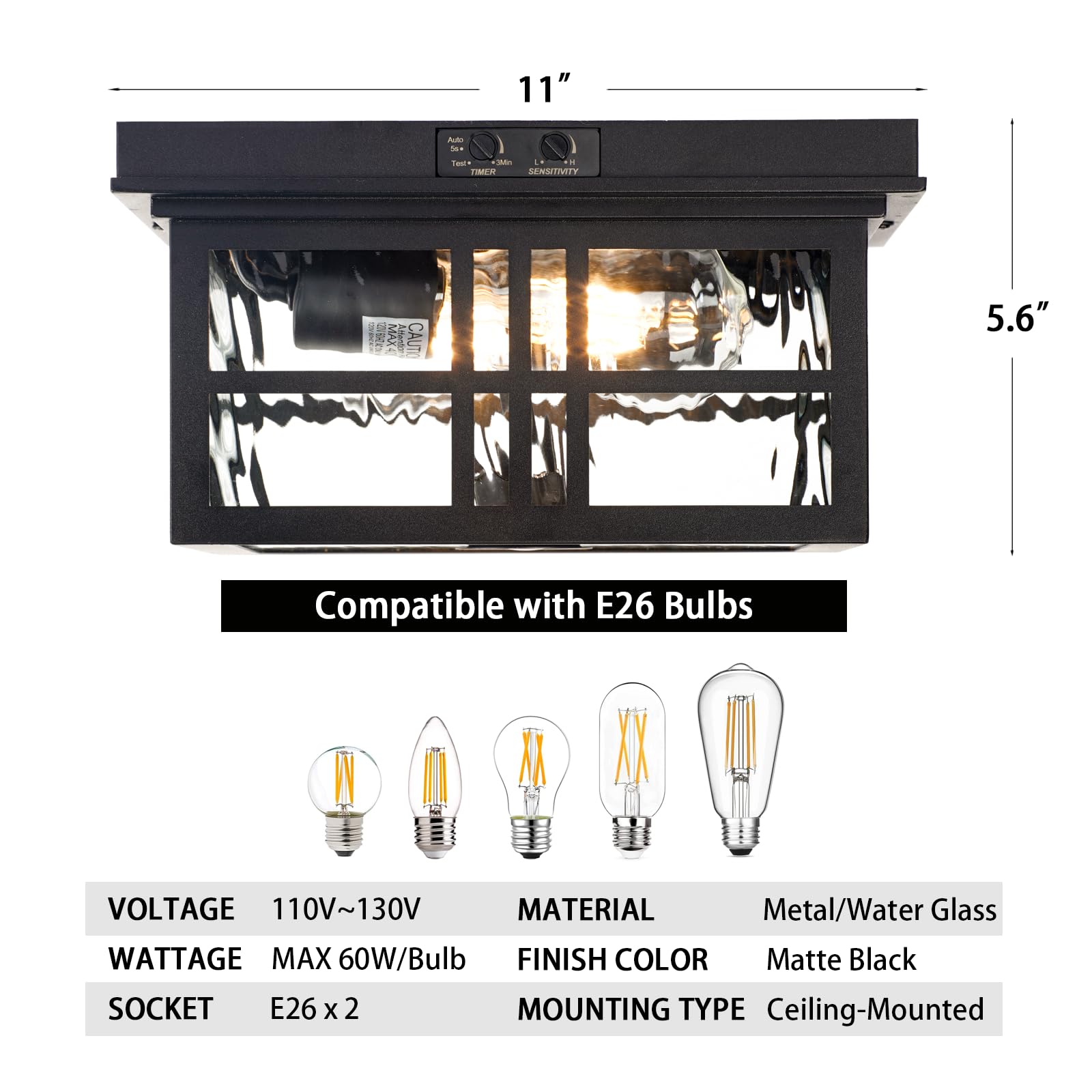 Calokes Industrial Motion Sensor Outdoor Flush Mount Ceiling Light, Water Ripple Glass Square Black 2-Light Ceiling Lamp For Por