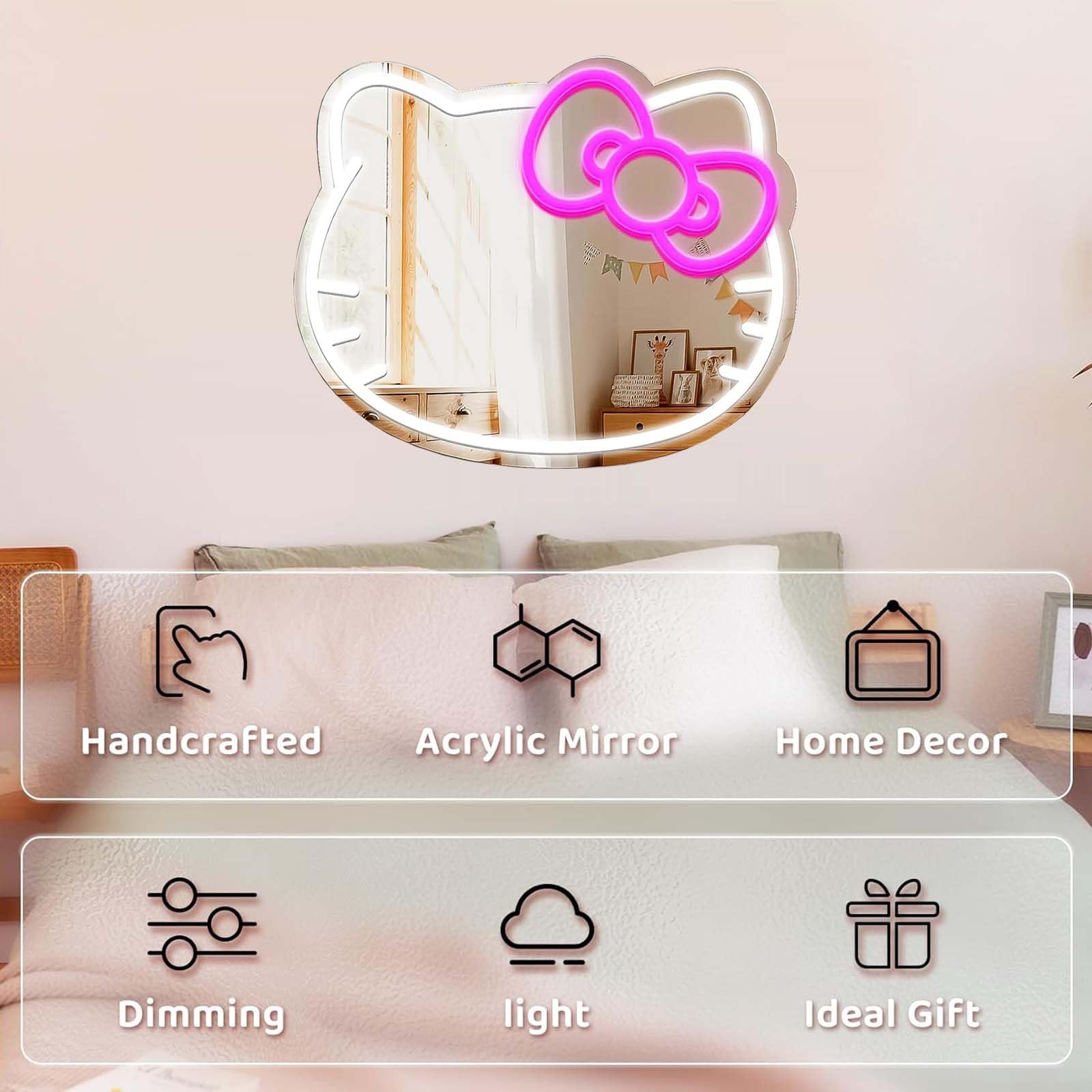 UIWEBABA Hello Kitty LED Vanity Mirror, 18.5"x15.1", 10 Level Dimmable, Pink & White, Model 20241206, Acrylic for Kids