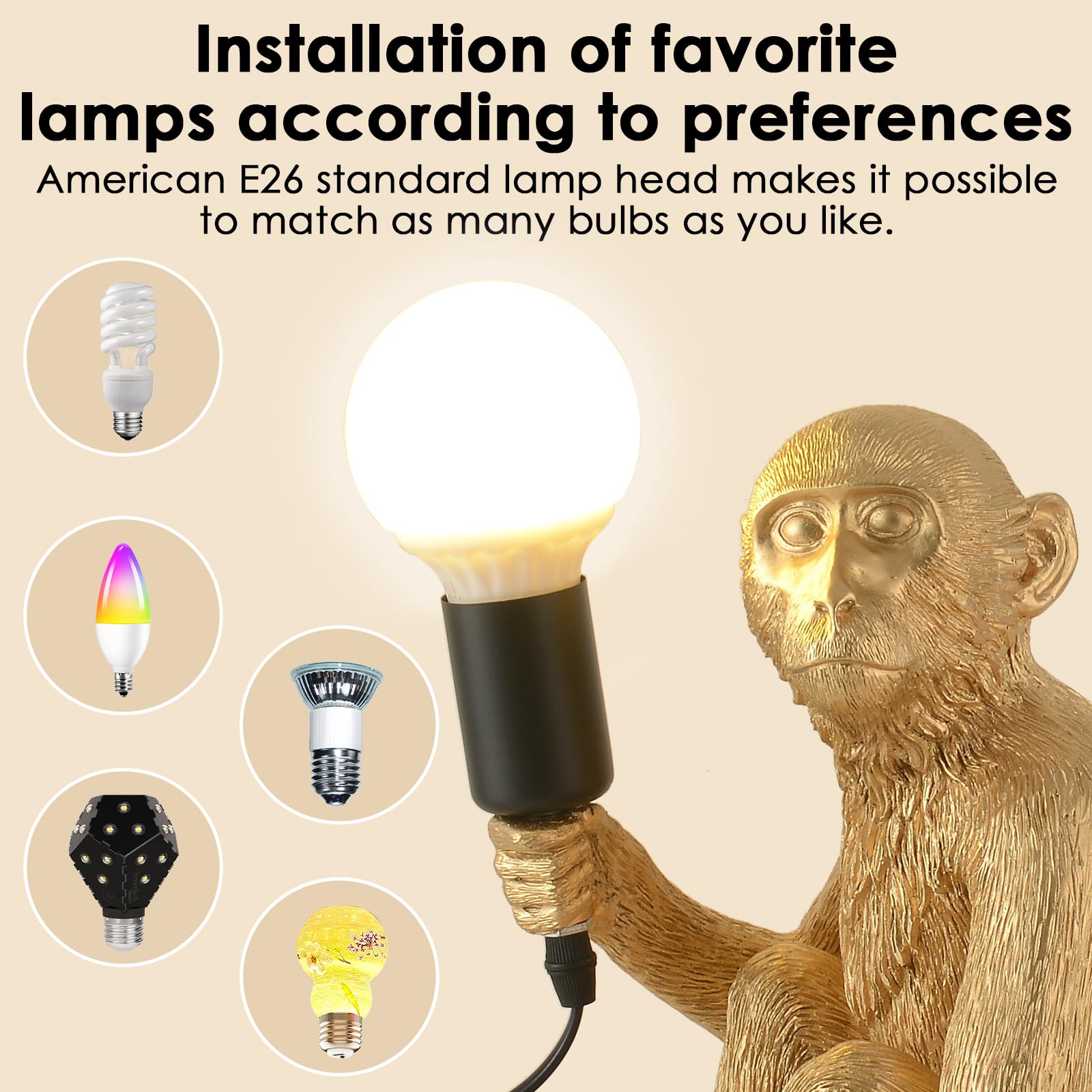 CHABEI Modern Resin Monkey Table Lamp, LED Bedside Light for Home Decor, Living Room, Bedroom, Gold, Model TABLE MONKEY