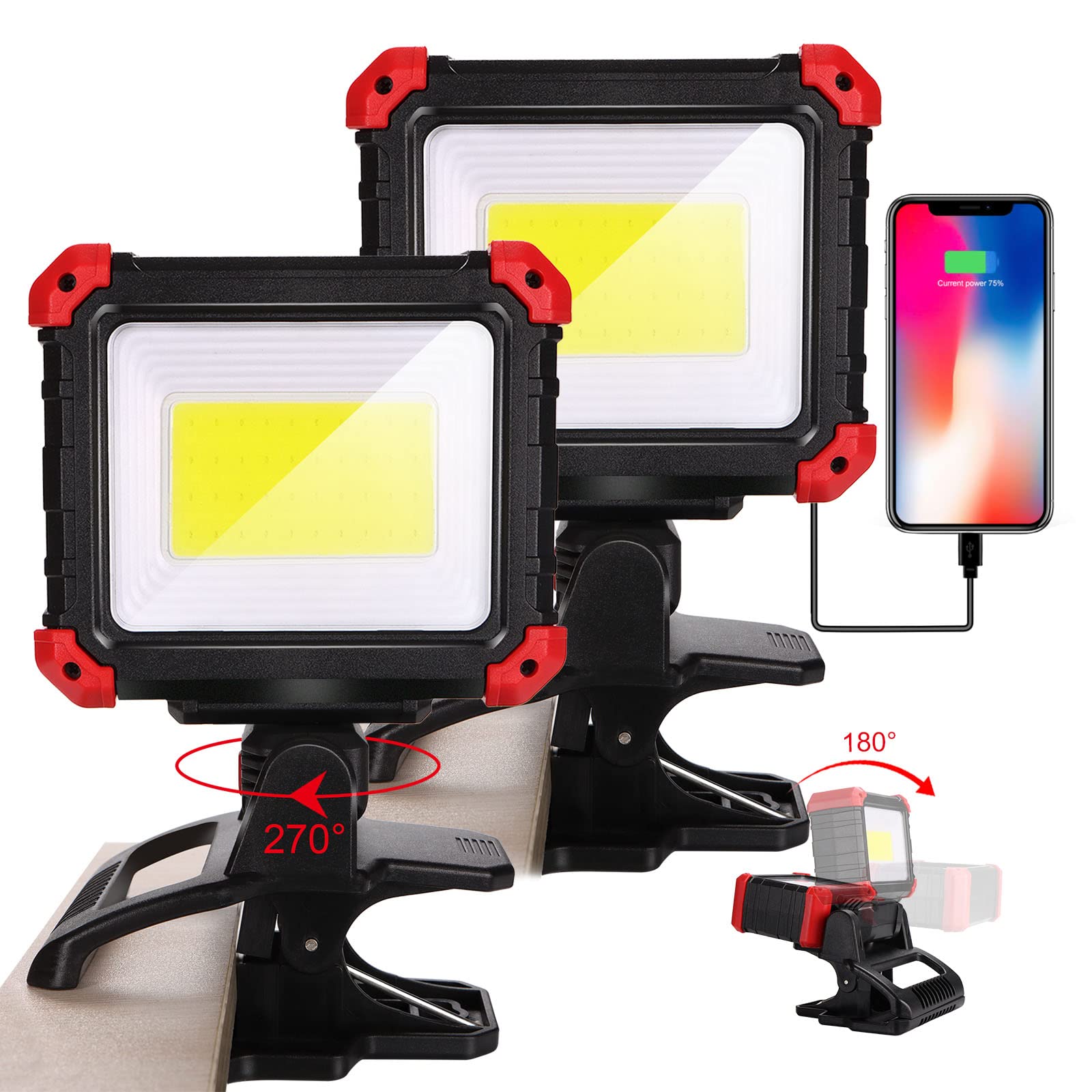 Easymaxx Led Rechargeable Work Light With Clamp, 2100Lm Cob Magnetic Clip On Worklight 270° Rotating With Mobile Charger, Portable Clamp Work Light For Boats, Car Repairing, Job Site Lighting(2Pack)