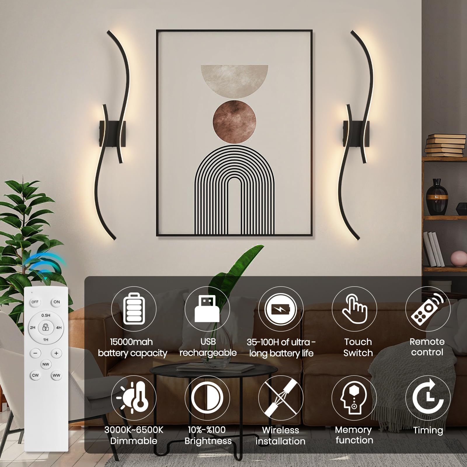 CANEOE Battery Operated Wall Sconce Set of 2, 18000mAh, Dimmable LED, 39.37 Inch, Black, Model WL-100SBL-DC