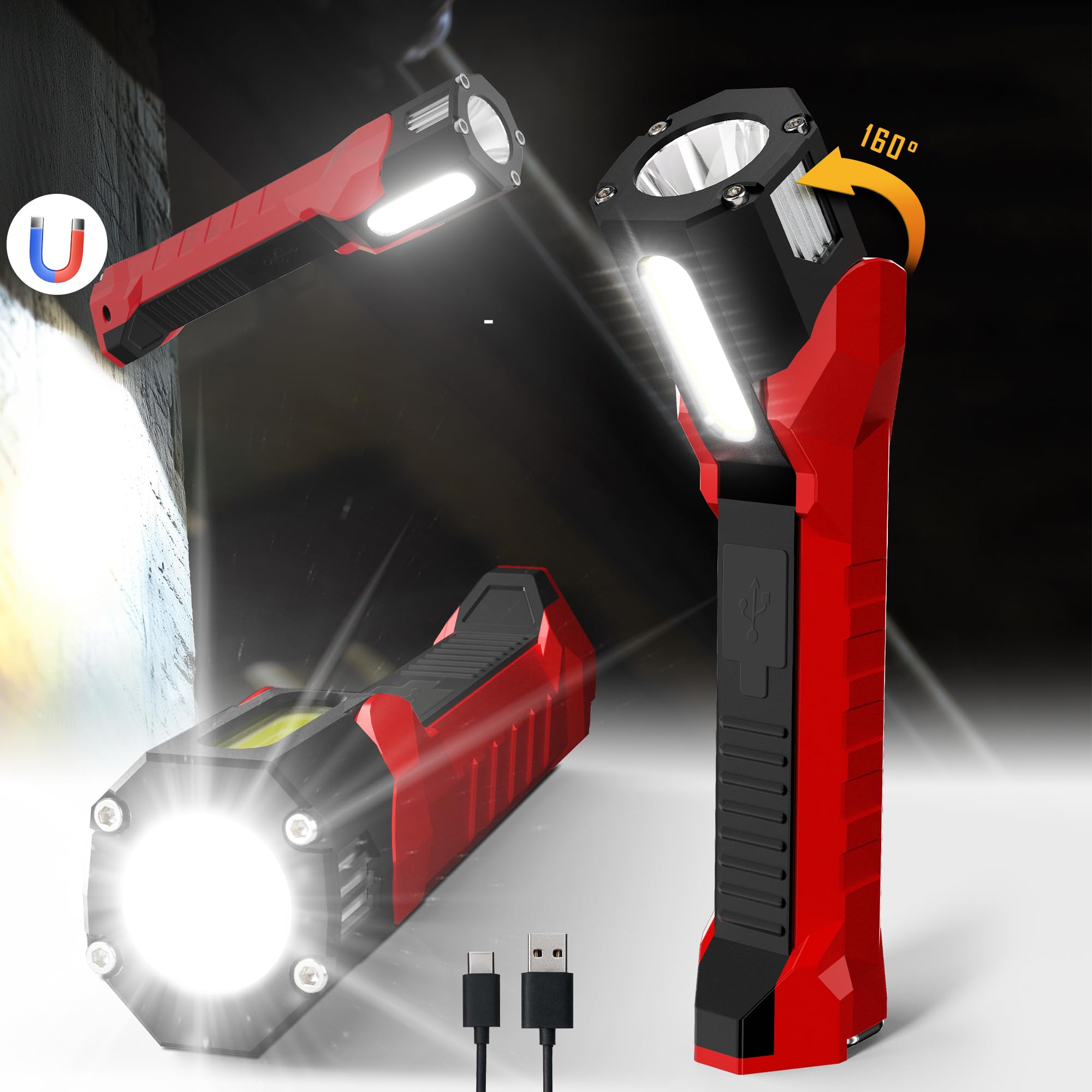 Anhay Rechargeable Work Light, 1200 Lumens Magnetic Work Light With 160° Rotating Swivel Head, Led Work Light, 6 Lighting Modes Mechanic Light For Car Repairing, Emergency