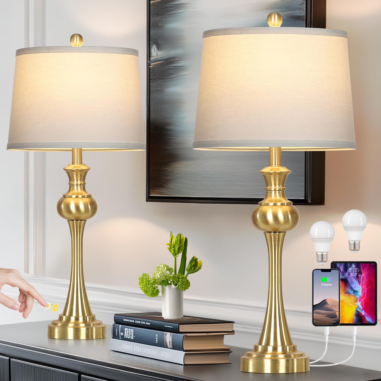 CINSARY 28.75 Modern Table Lamps Set of 2  Gold Bedside Lamp with USB A+C & AC Outlet Brass Unique Desk Lamps for Living Room  Bedroom  Nightstand  End Table (2 Bulbs Included)