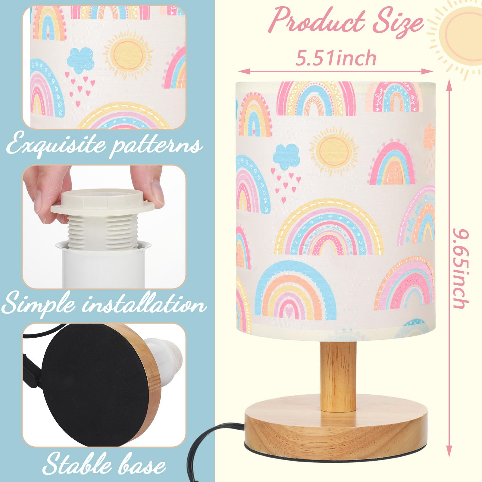 Vihose Rainbow Lamp For Girl Bedside Kids Lamp With Linen Wooden Nightstand Cartoon Nursery Light Lampshade For Girls Boys Livin