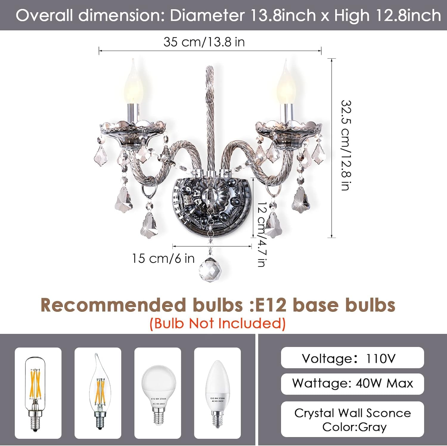 CRYSTOP Crystal Wall Sconces Lighting Set of 2, Gray, Metal, European Style, E12 Base, Perfect for Indoor/Outdoor Décor