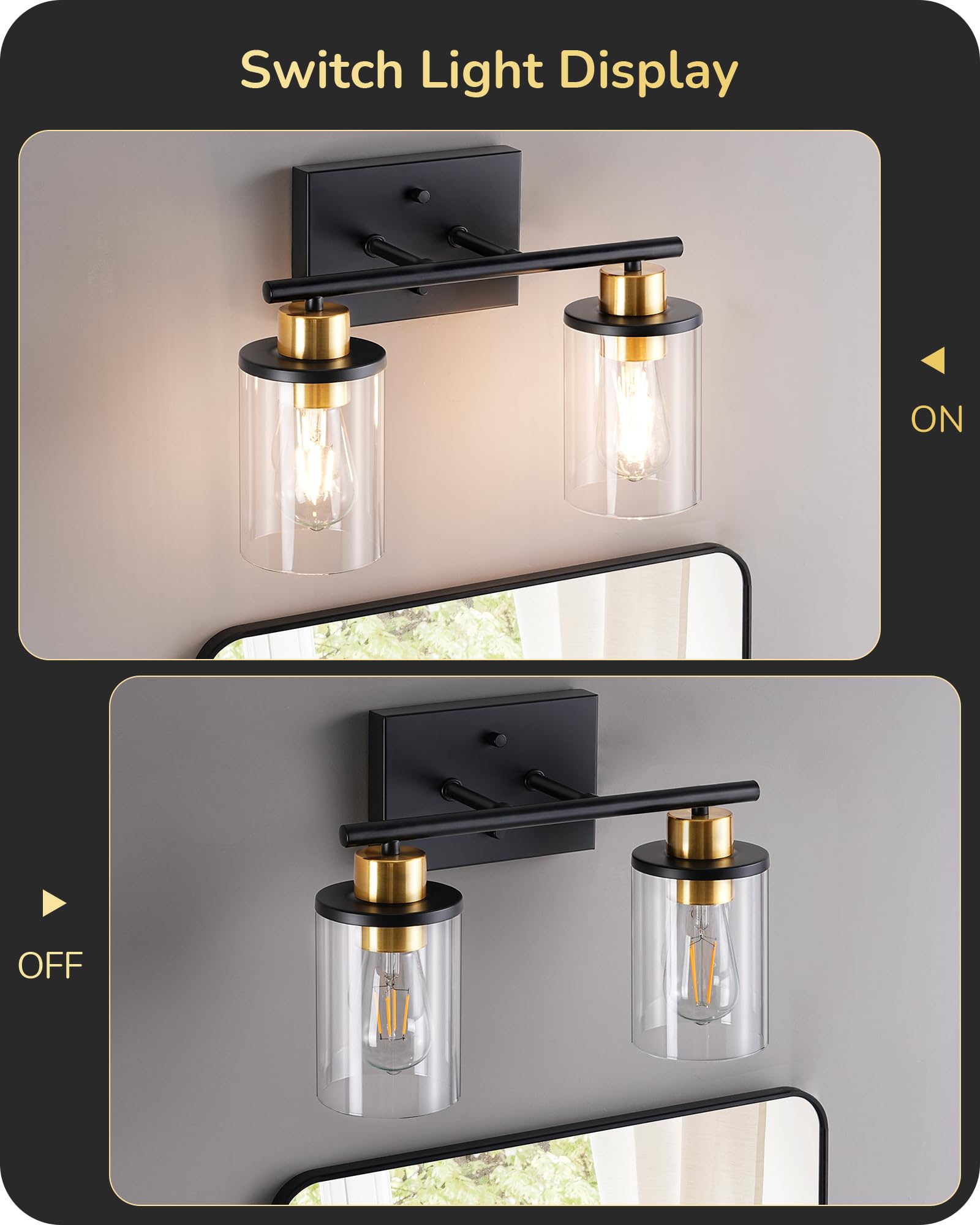 EDISHINE 2-Light Bathroom Vanity Light Fixture, Metal, Black and Gold, Model HHVL04J, Clear Glass Shade