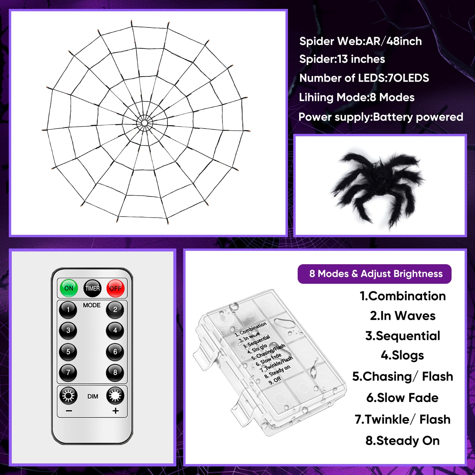 Halloween Decorations Spider Web Lights - 2 Pcs Light Up Spider Web, 4Ft Diameter 70 Led With Black Spider, Waterproof, Remote Control, 8 Modes Cobweb Halloween Decorations (Purple+Orange)