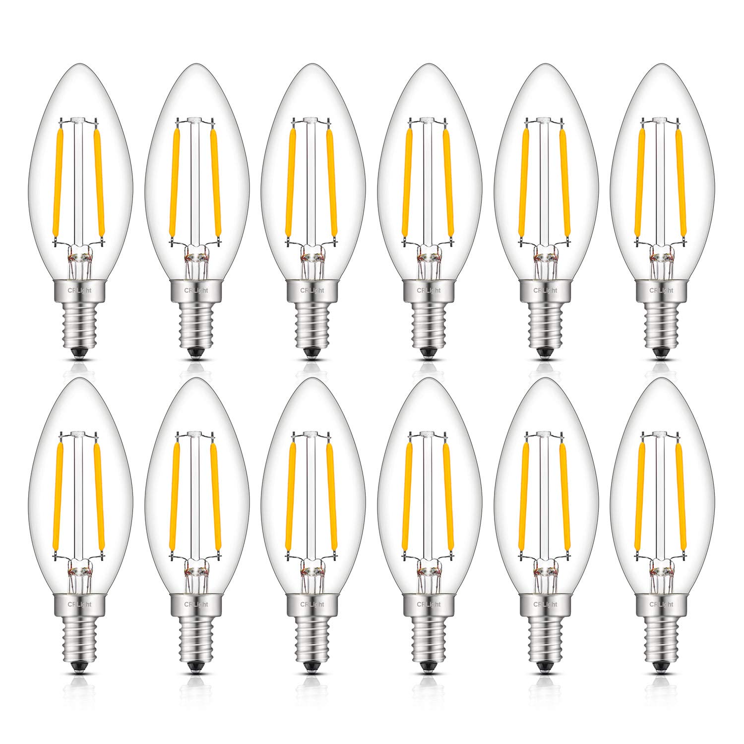 CRLight LED Candelabra Bulb 2W Filament, Soft White 3000K, E12, 250 Lumens, 12 Pack, Clear Glass