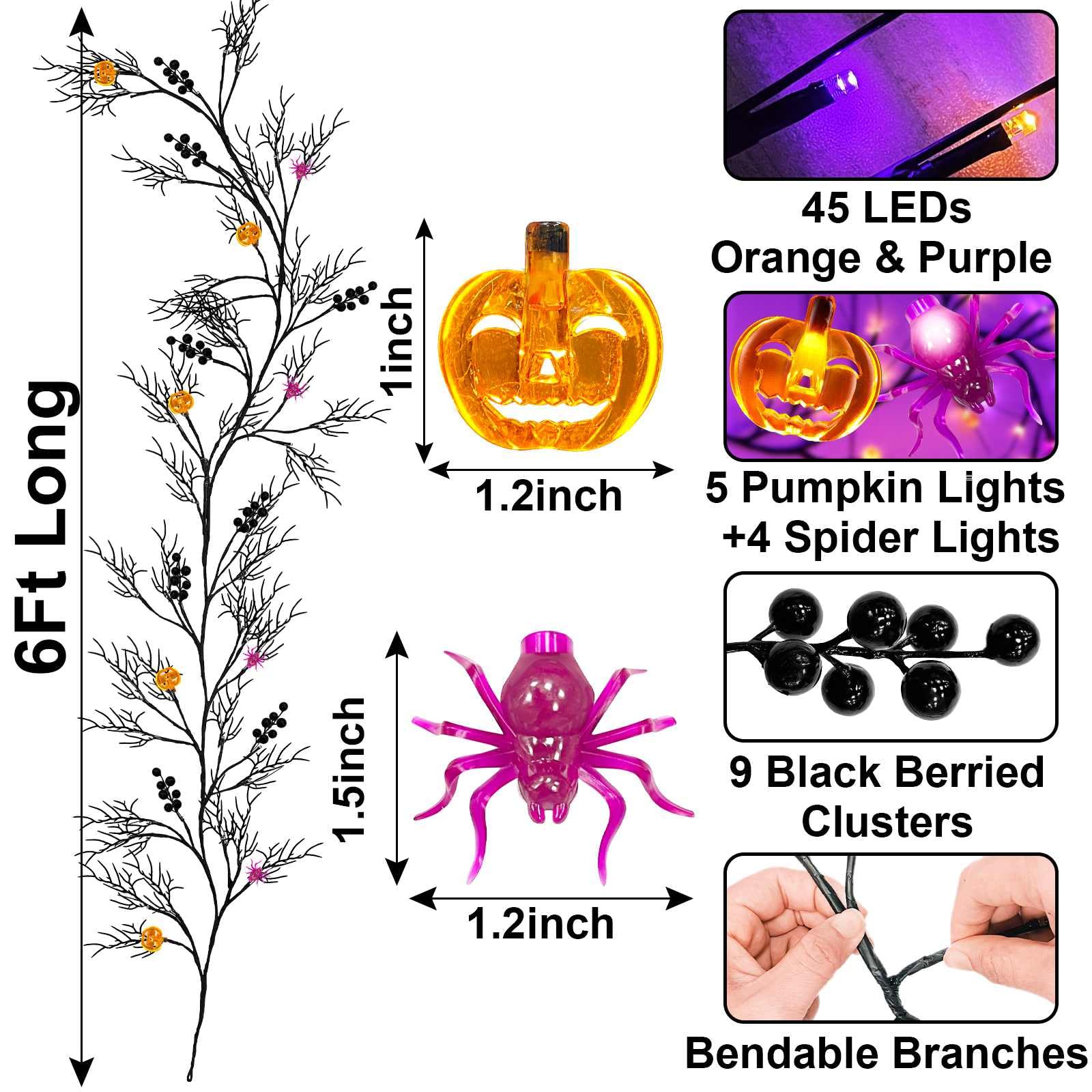 [Remote Control & Timer 8 Modes] Halloween Garland Willow Vine Lights, 6 Ft 54 LED with Orange & Purple Lights, Halloween Decora
