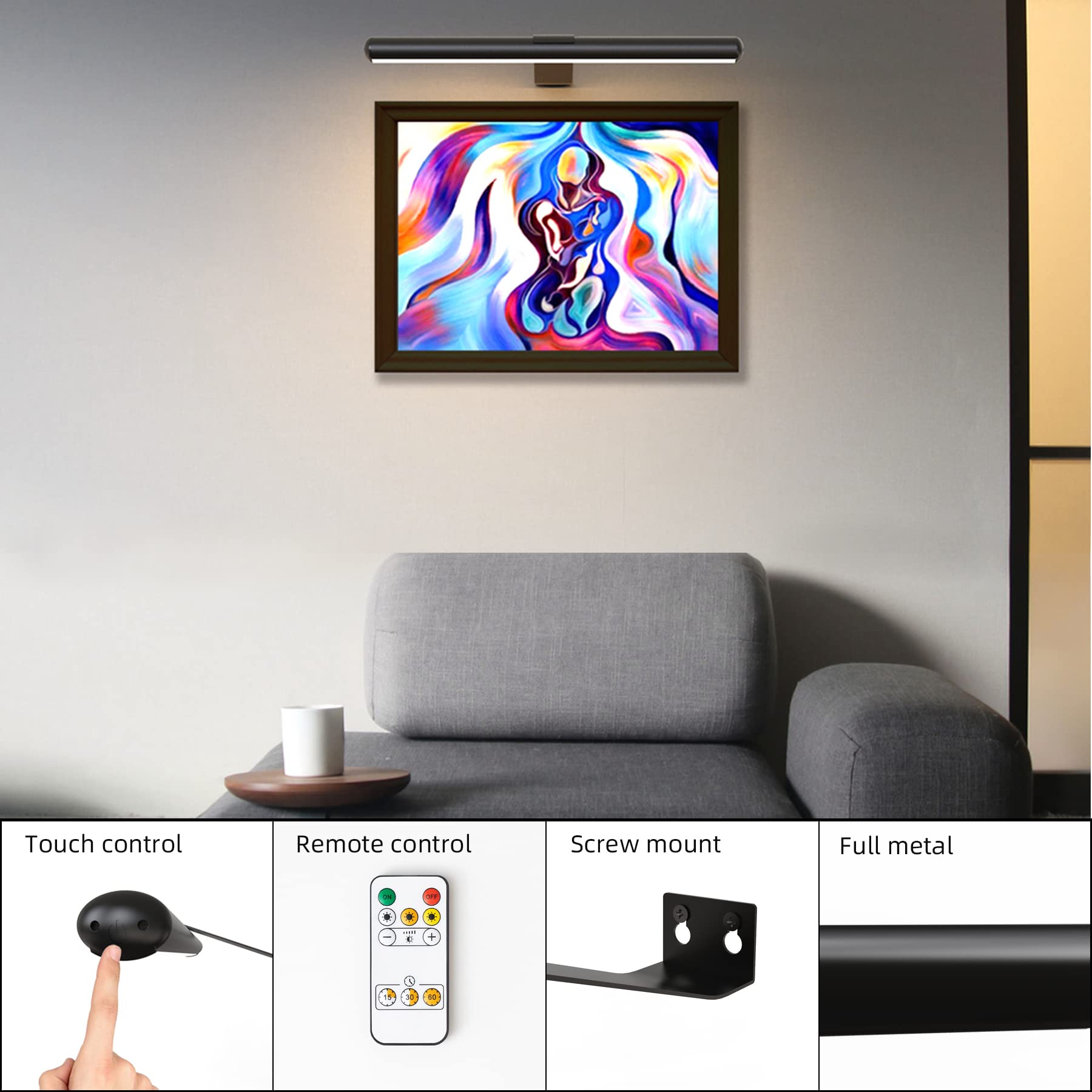 TINTINDOC 16" Wireless Picture Light, Dimmable & Timer, Metal Art Light, Rechargeable, Model YM-TY