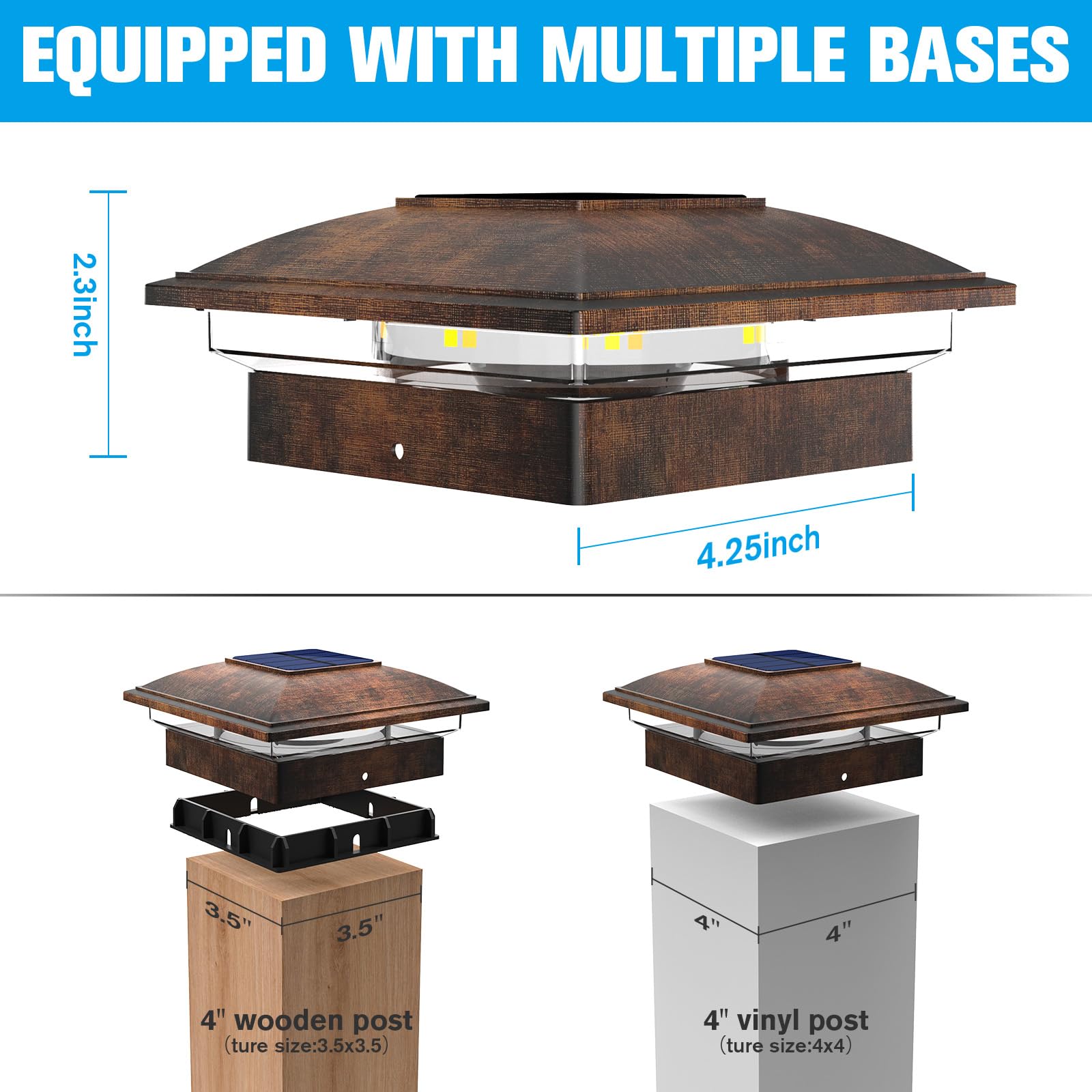 VOLISUN Solar Post Cap Light - 12 Pack Waterproof for 4x4 Wooden/Vinyl, Warm/Cool White, Brushed Copper, Model 21805ZM-WD-12PK