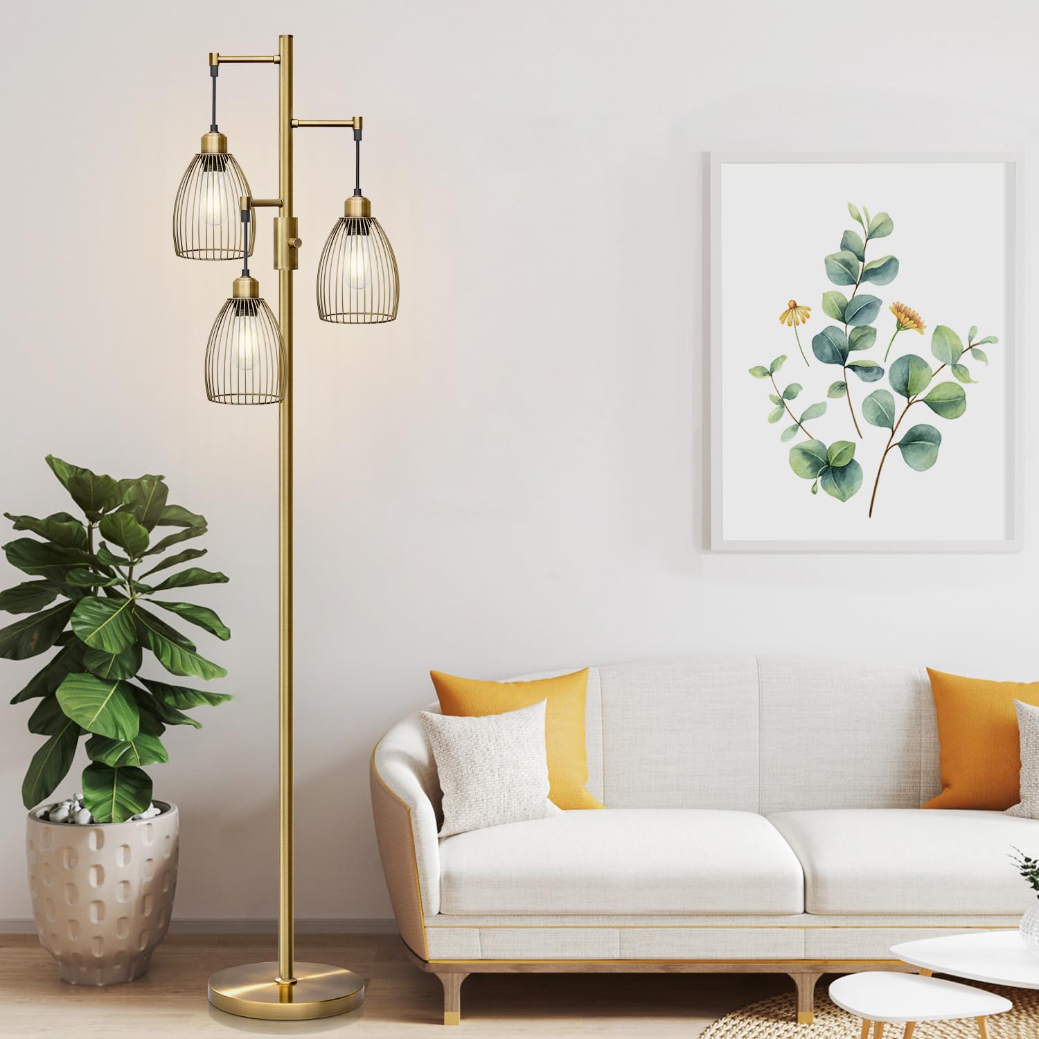 Dimmable Floor Lamp, Industrial Floor Lamps For Living Room, Antique Brass Tree Lamp Standing Lamp Tall Lamps With 3 Elegant Tea