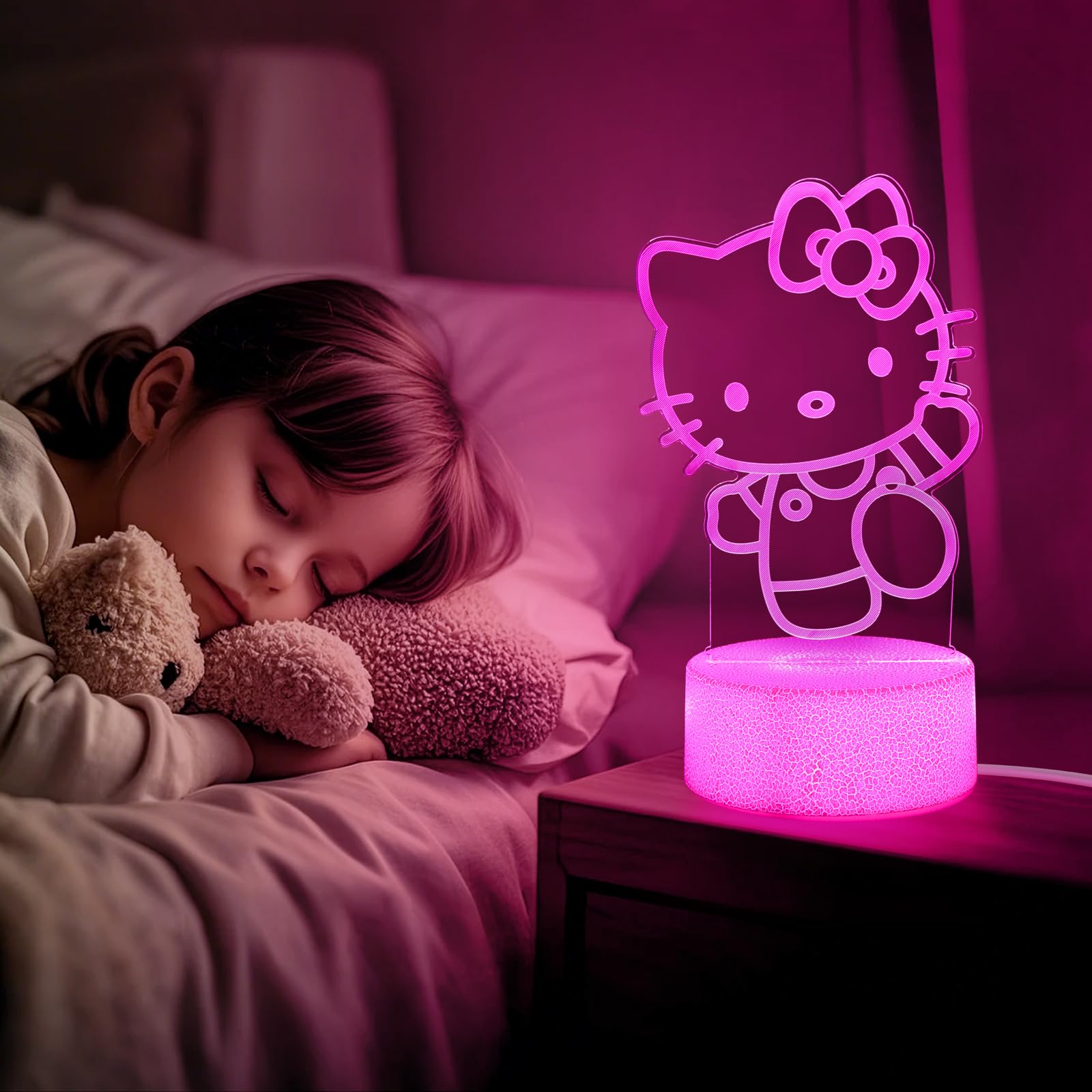 sunduck Pink Kawaii Kitty 3D Night Light - Corded Control, Unique Gift for Kids, Dreamy Room Decor, Model: pink03