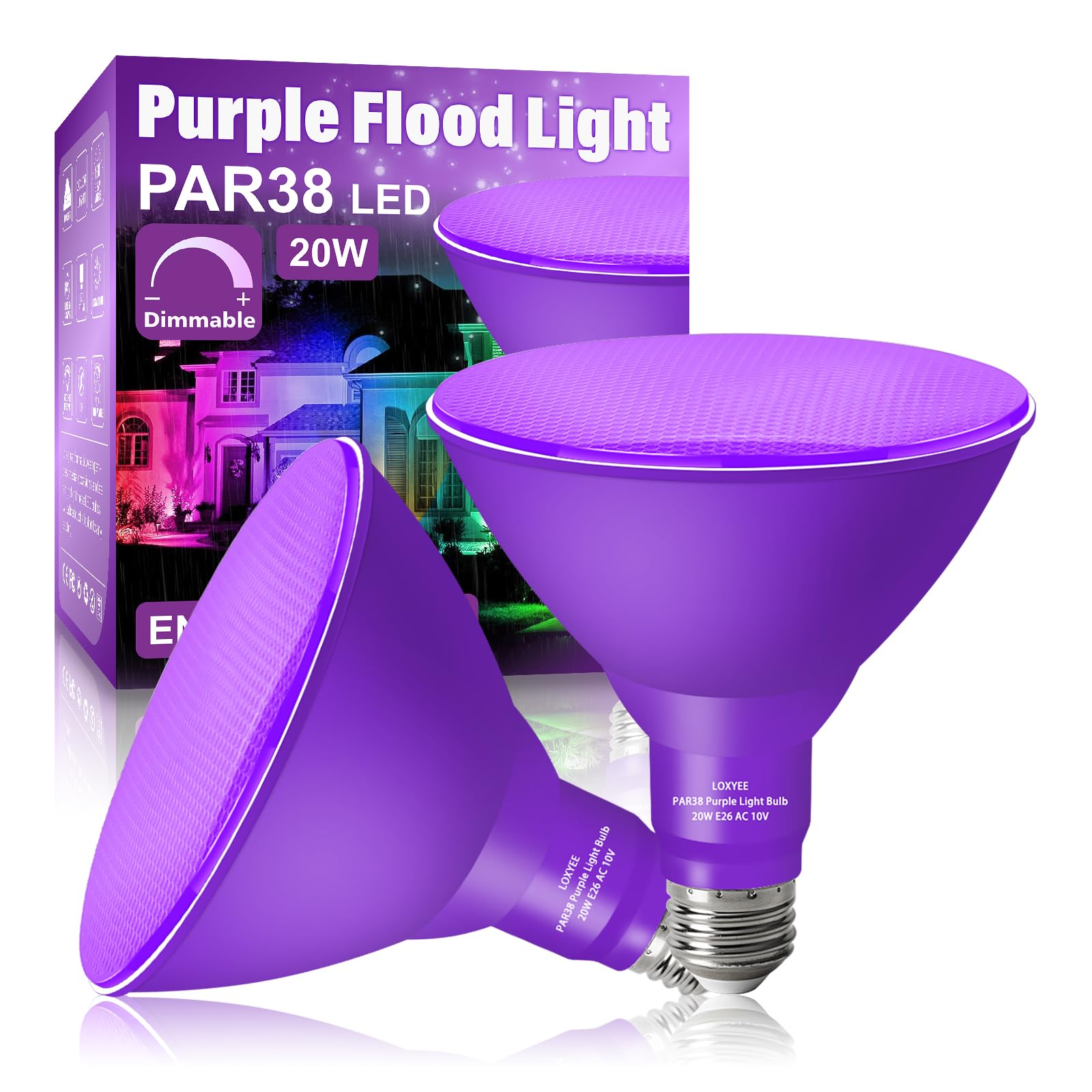 LOXYEE PAR38 Purple Flood Light Bulb, Dimmable, E26 Base, 20W Replace to 200W, 2 Pack
