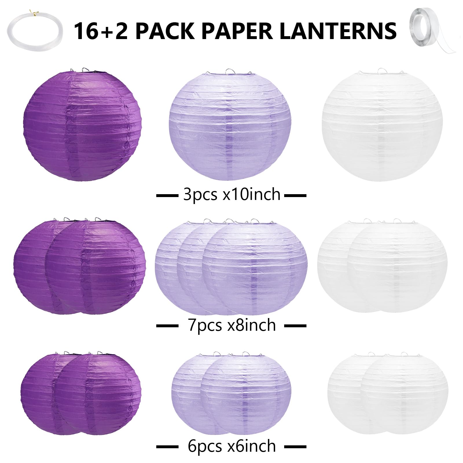 16Pcs Purple White Paper Lanterns,Round Hanging Paper Laarty Decorations With Tape And String For Birthday,Graduation,Wedding,Ba