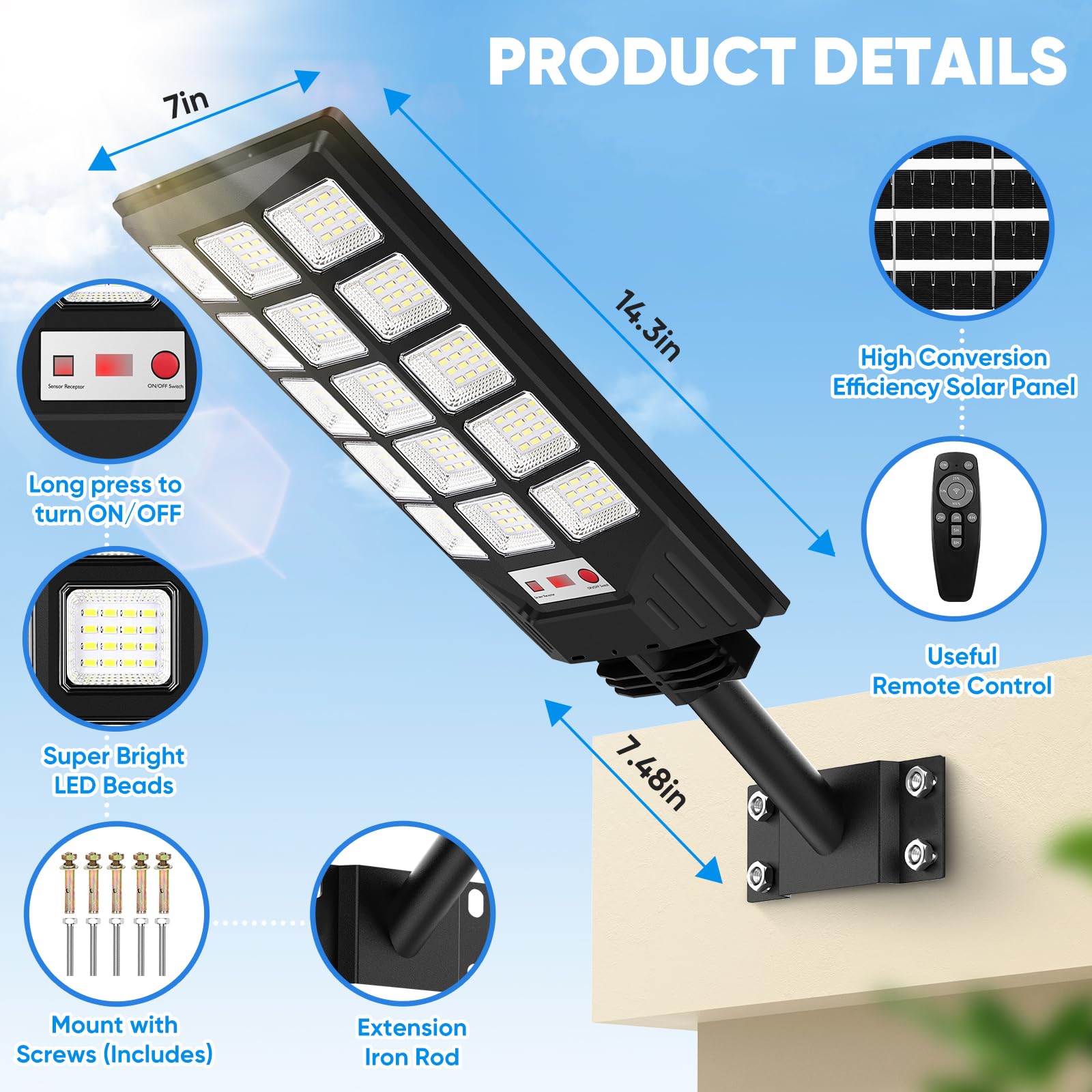 Solar Street Lights Outdoor Waterproof, 25000Lm 8500K Motion Sensor Solar Powered Flood Lights With Remote Control, Dusk To Dawn