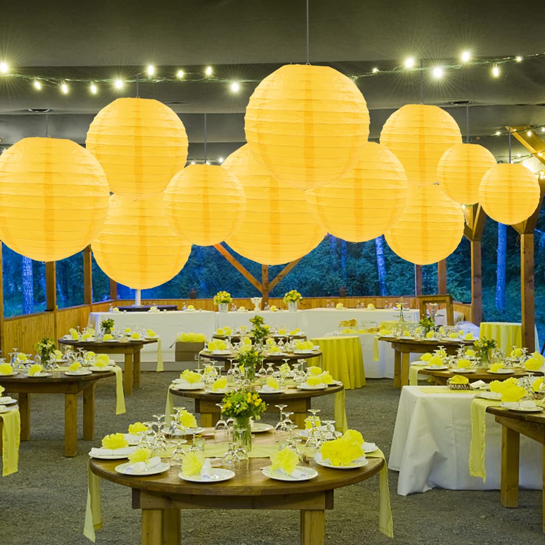 Famolay Yellow Paper Lanterns 12 Pcs Assorted Size Of 6'' 8'' 10'' 12'' Chinese Round Paper Hanging Decorations Ball Lanterns La