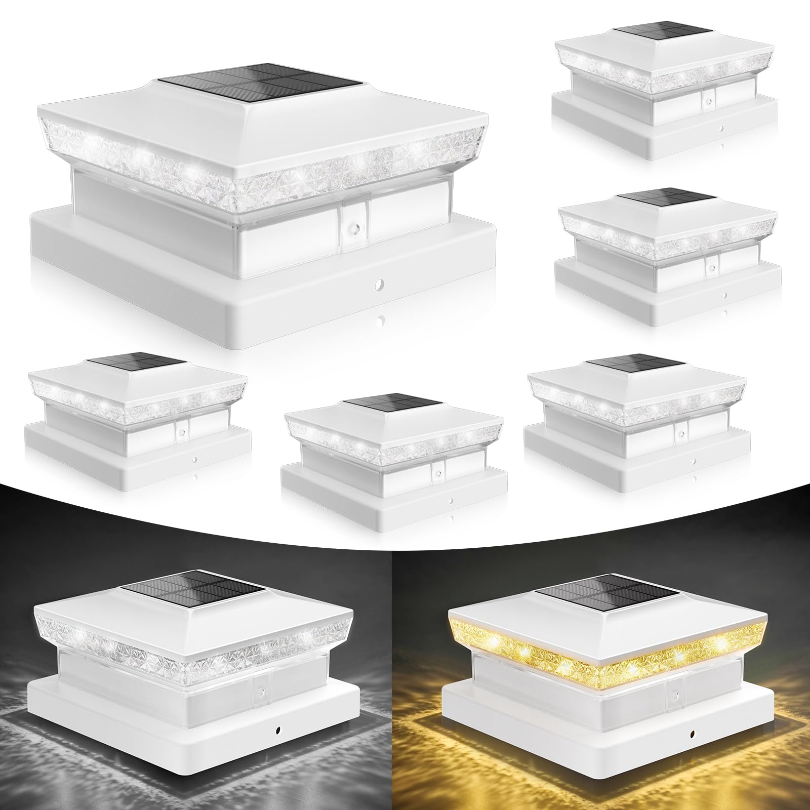 VOLISUN Solar Post Cap Lights, 4x4 Solar Deck Post Lights Outdoor, IP64 Waterproof Deck Post Lights Solar Powered (6 Pack White)