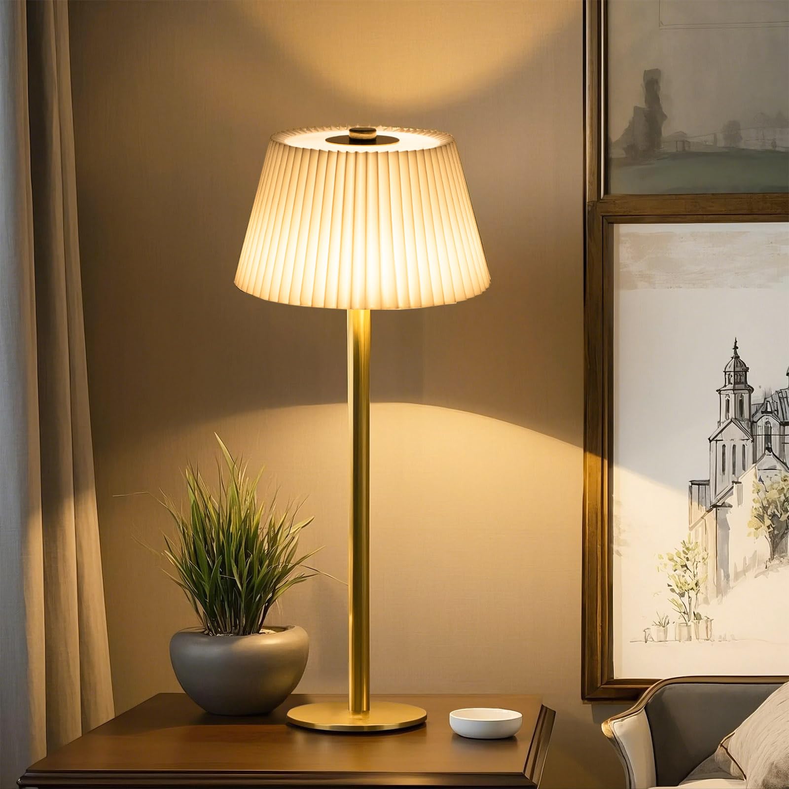 Cordless Table Lamp Rechargeable Small, 4000Mah Led Desk Lamps Gold Fabric Pleated Shade Battery Operated Lamp With 3 Colors Ste