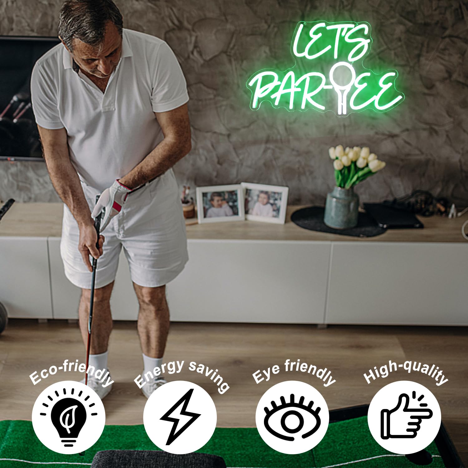 Kullneon Let'S Par Tee Neon Sign Golf Neon Signs For Wall Decor Green White Led Golf Ball Neon Light Dimmable Hanging Wall Sign Neon Lights Signs For Golf Club Bedroom Man Cave Party Decor