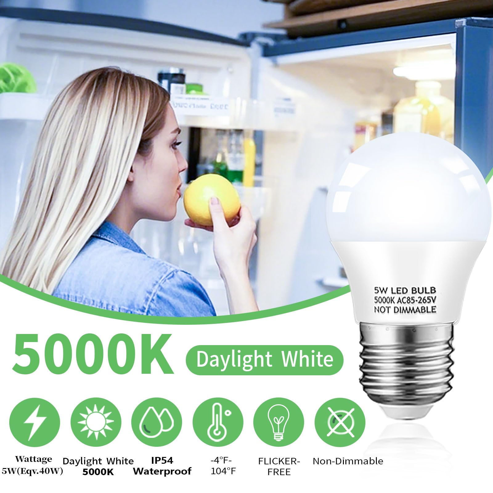 KQHBEN 5W Daylight White Refrigerator Light Bulb, 40W Equivalent, E26 Base, Waterproof LED A15, 2-Pack