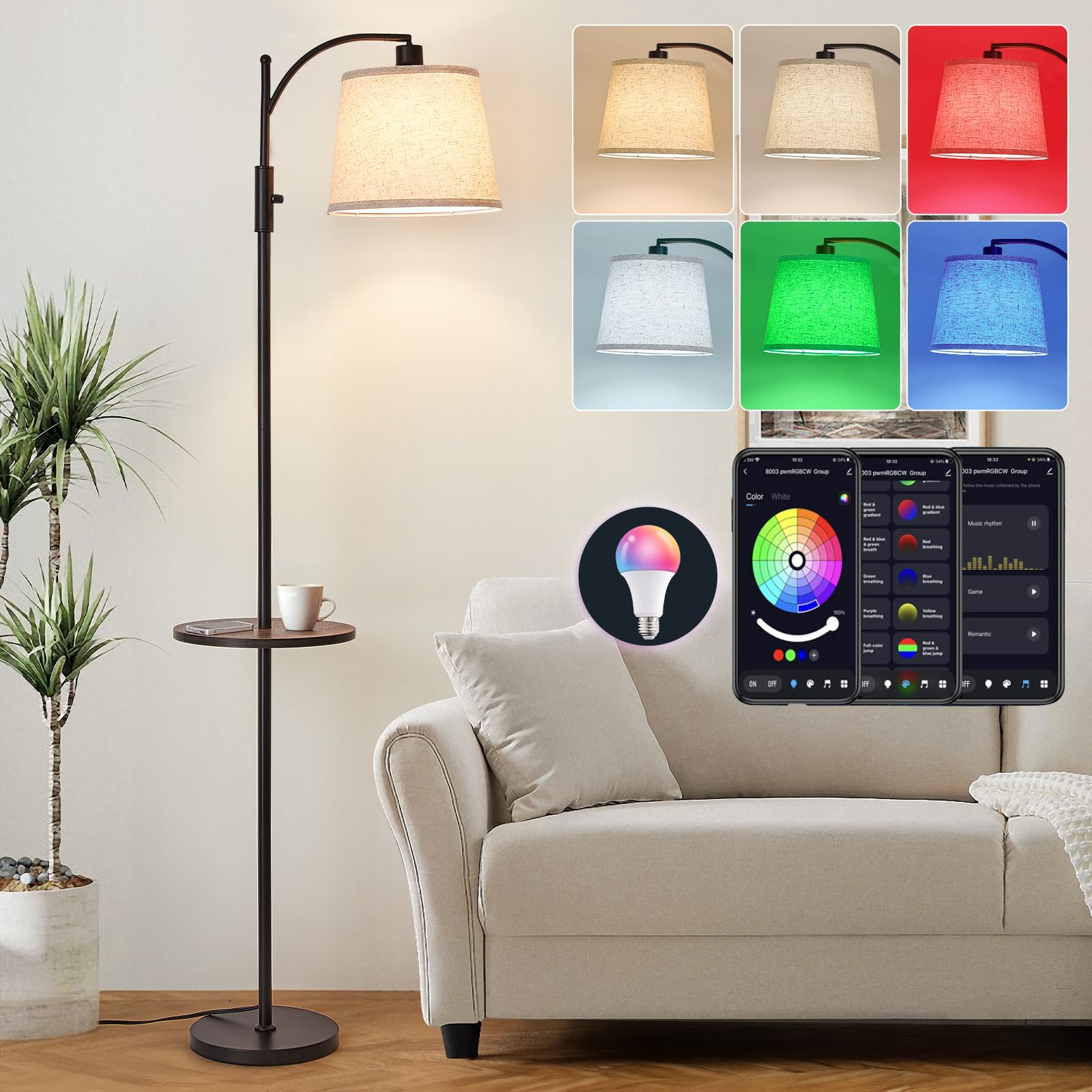 AIDENOEY Smart Floor Lamp with Side Table, RGB Multi-Color, Voice Control, Adjustable Head, Black, Model HYZC0204, Standard Size