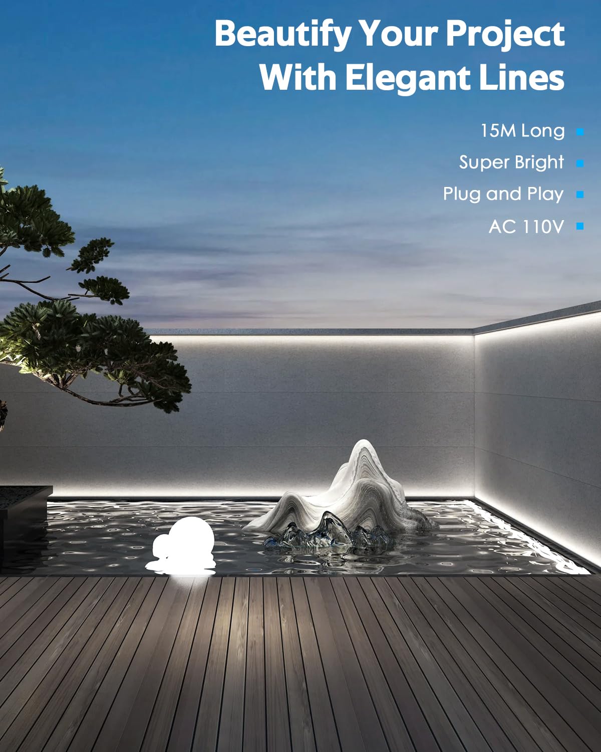 Samsion 50Ft Rope Led Lights For Bedroom With Remote Dimmable Fcob Cob Led Strip Light 6000K Ac 110V White Flexible Led Light Strip Outdoor Waterproof For Garden Building Commerical Decor 15M