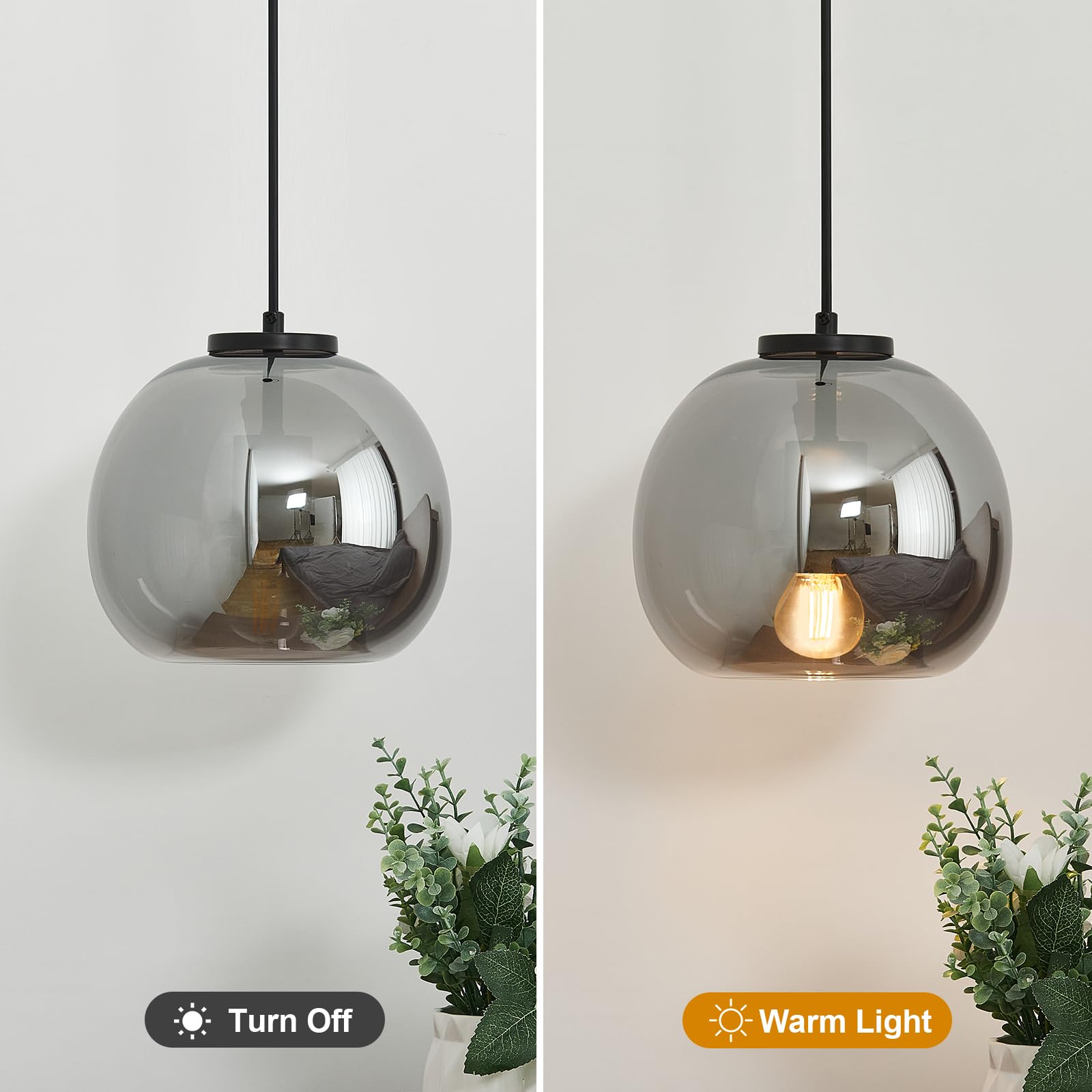 LBSQJ Glass Pendant Lights 2 Pack, 7.87" Smoke Gray Globe, Modern Black Hanging Fixture for Kitchen Island, Bedroom, Dining Room