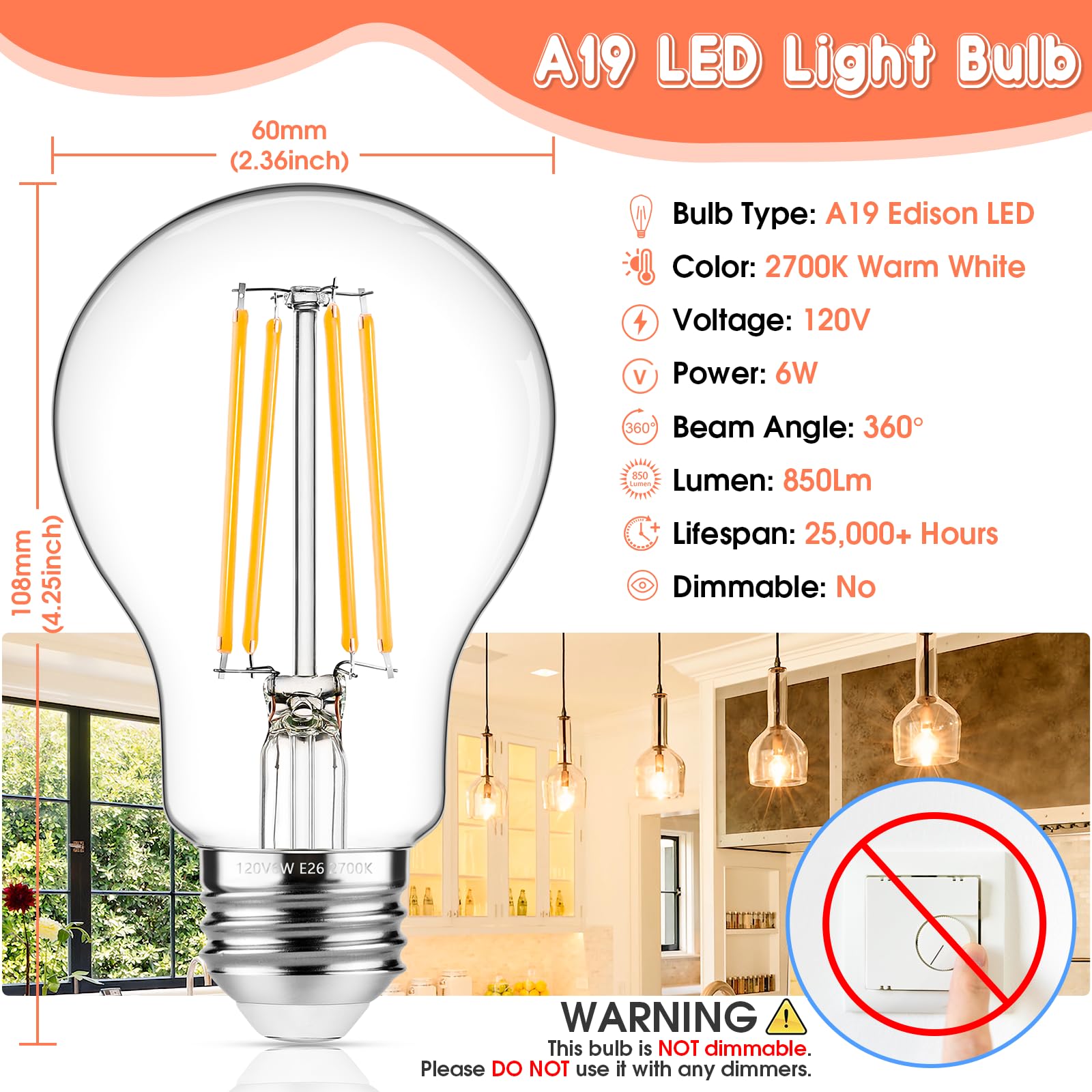 Maxvolador 60W Equivalent E26 Led Filament Light Bulbs, 850Lm Warm White 2700K Led Edison Bulb, Non-Dimmable 6W A19 Led Bulb Medium Base, 4-Pack
