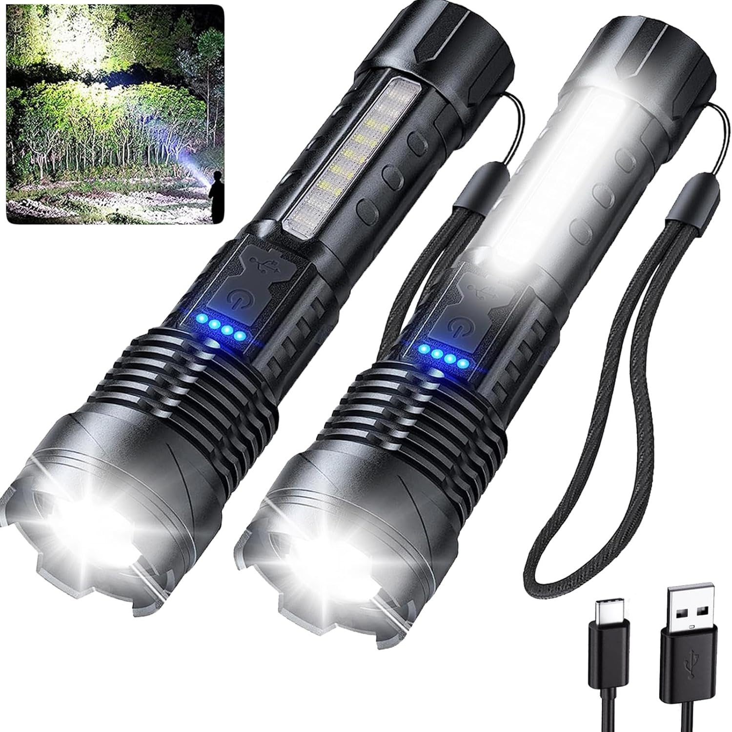 Flashlights High Lumens Rechargeable 2 PCS, 1,000,000 Lumens Led Tactical Flashlight Battery Powered with 7 Light Modes, Cob Sid