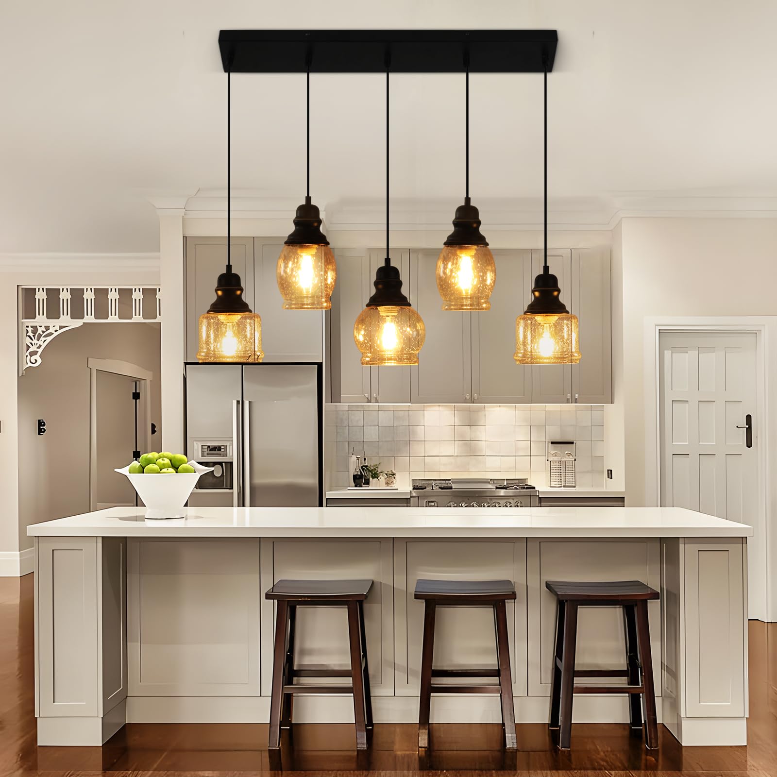 Wilon Pendant Lights Kitchen Island, 5-Light Dining Room Light Fixture With Seeded Glass Shade, Farmhouse Chandeliers For Dining