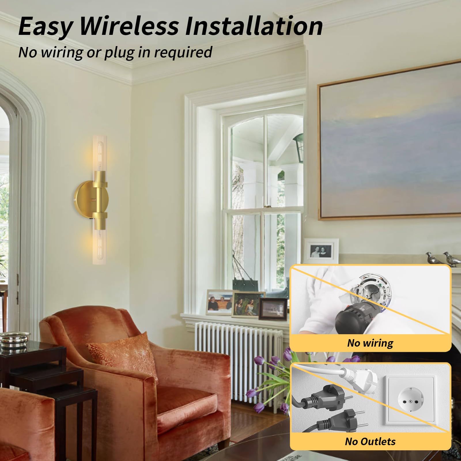 ThyFenno Dimmable Wall Sconce Set of Two, Rechargeable, Touch Control, Gold, Glass, Model TF-1T L3