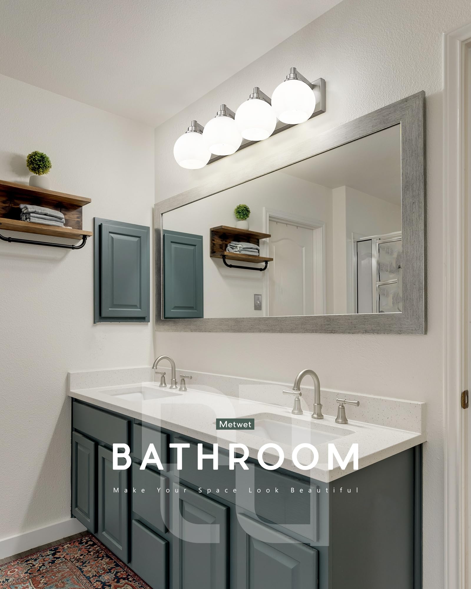 Metwet Bathroom Light Fixtures, 4 Light Brushed Nickel Vanity Light, 26 Inch Modern Wall Sconces With Globe Milk White Glass Sha