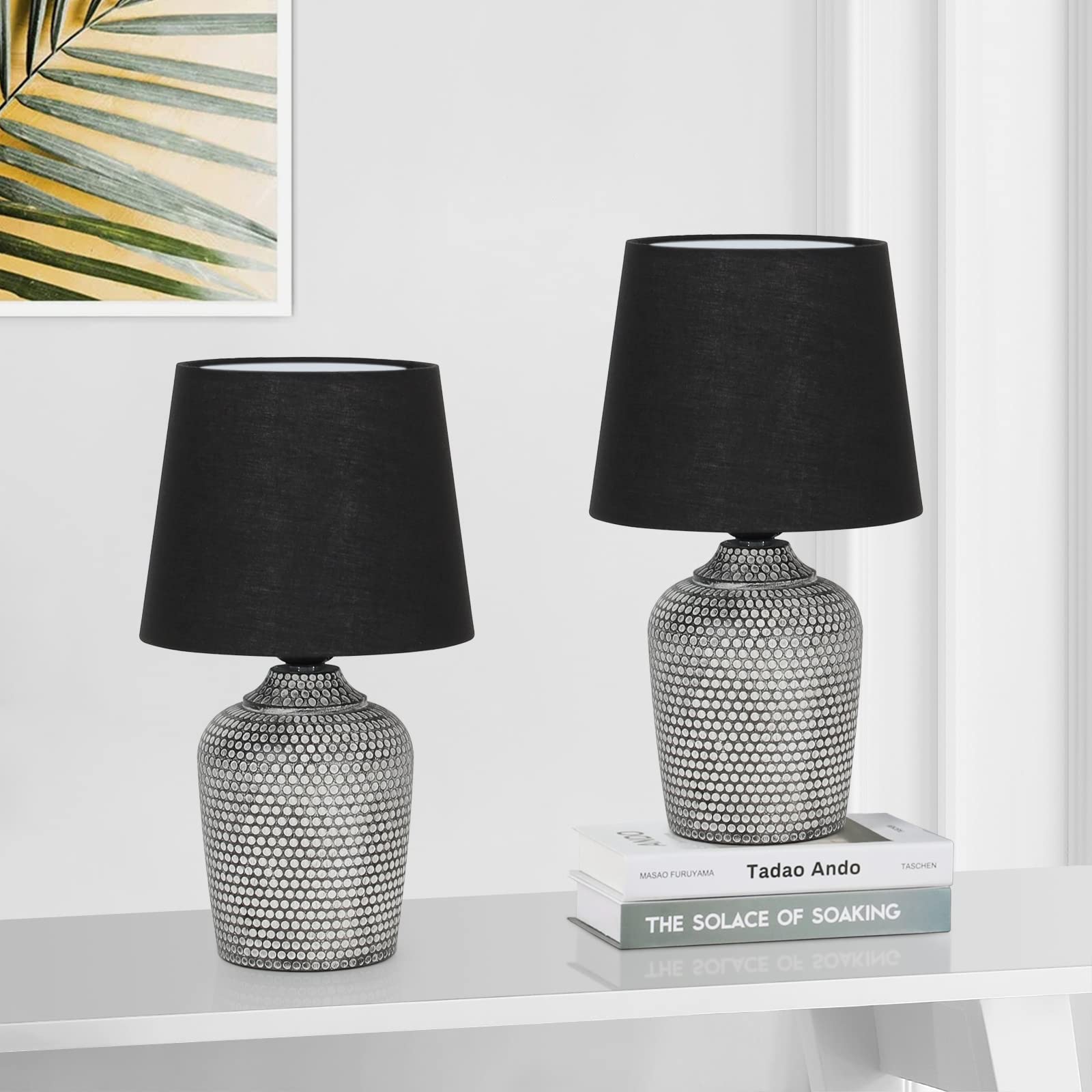 Sucolite Table Lamps Set of 2, 12in  Bedside Nightstand Lamps, Black & Grey, Porcelain & Metal, Model T0438 GY+BK