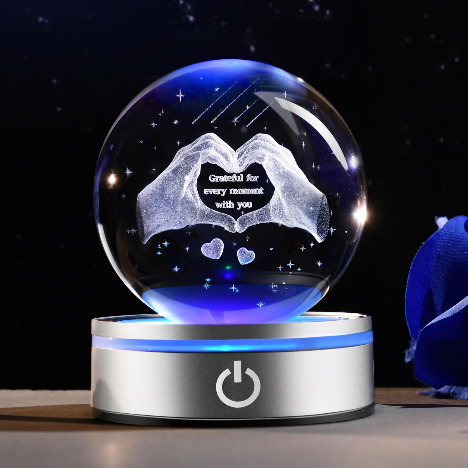 Ifolaina 3D Heart Crystal Ball Grateful Gifts For Mom Wife 3.15 Engraved Glass Love Hands Sphere Decor Gifts For Mothers Day Anniversary Birthday Crystal Heart Hands Lamp