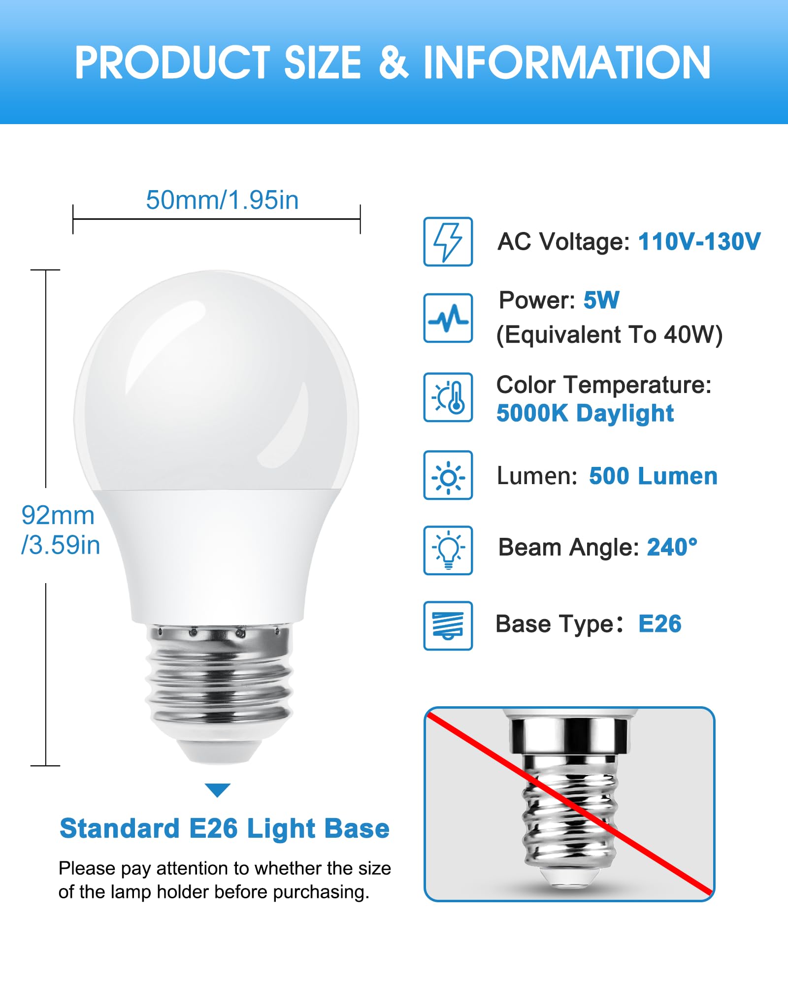 2 Pack A15 Led Light Bulb  E26 Base For Refrigerator Light Bulbs  5W Equivalent 40Watt  5000K Daylight White  Bright Lighting For Ceiling Fan  Kitchen  Indoors & Outdoors  500Lumens  Non-Dimmable