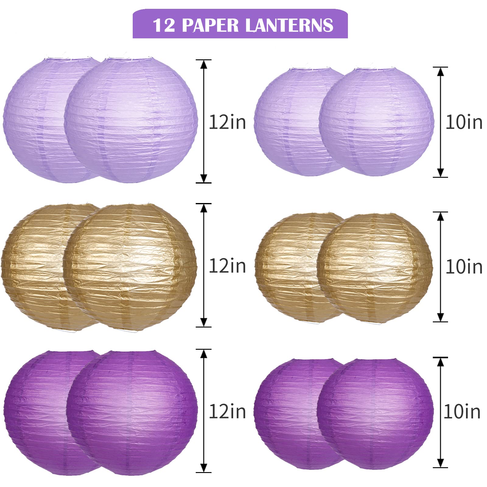Yunxuan Paper Lanterns Decorative, Purple Lavender Gold Hanging Round Chinese Lanterns With Lights For Graduation Bachelorette T
