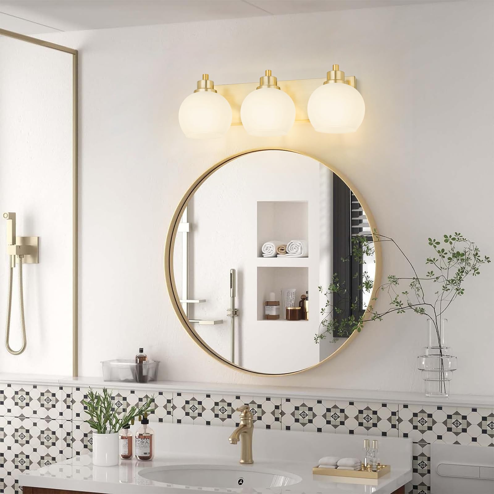 Tuscarora Gold Bathroom Light, 3-Light Brushed Gold Vanity Fixture with Milk Glass Shade, Model VL047