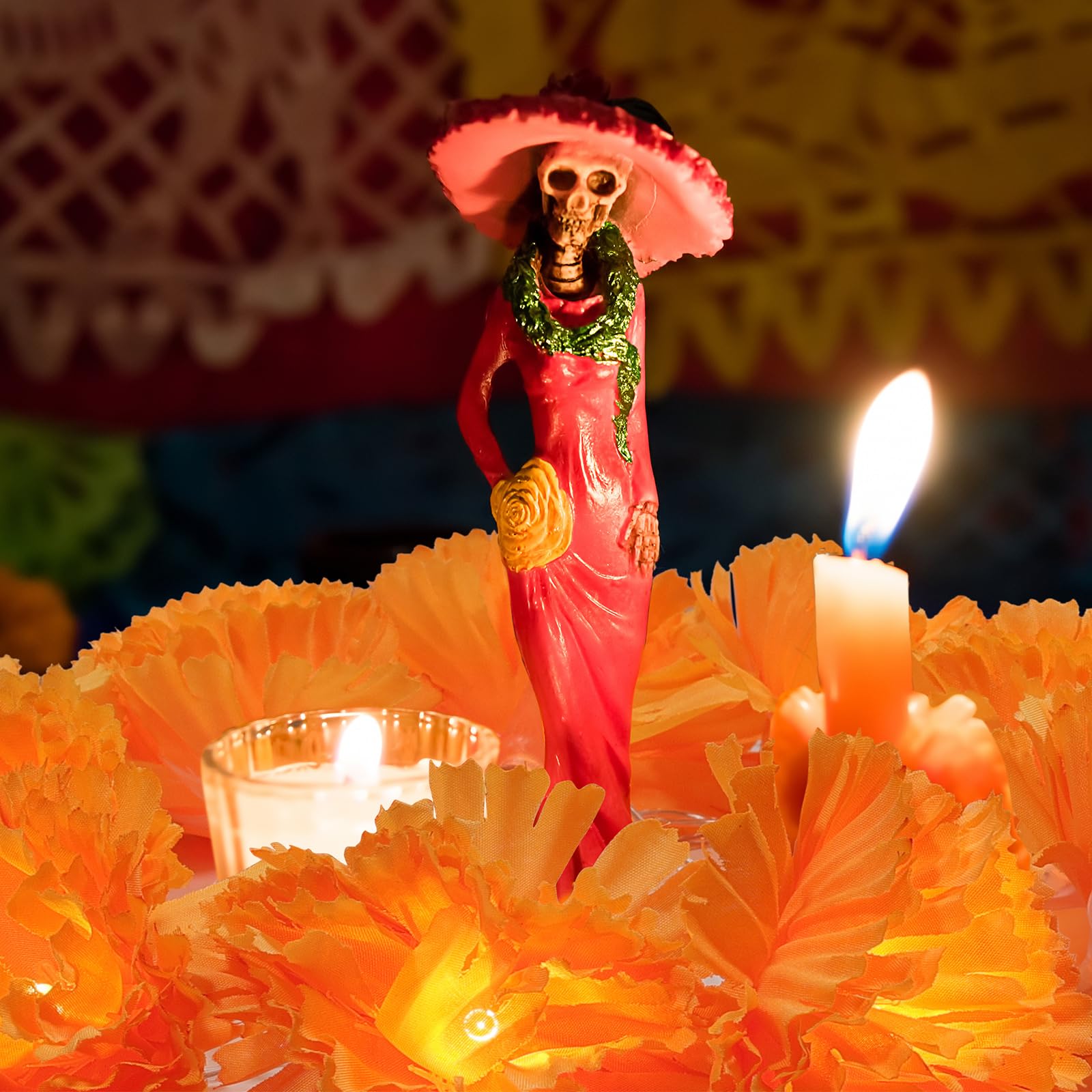 6 Pack Day Of The Dead Lighted Marigold Garland 10 Led Artificial Marigold Flowers String Lights Dia De Los Muertos Decorations For Halloween Diwali Indian Party (6  5 Ft 10 Led)
