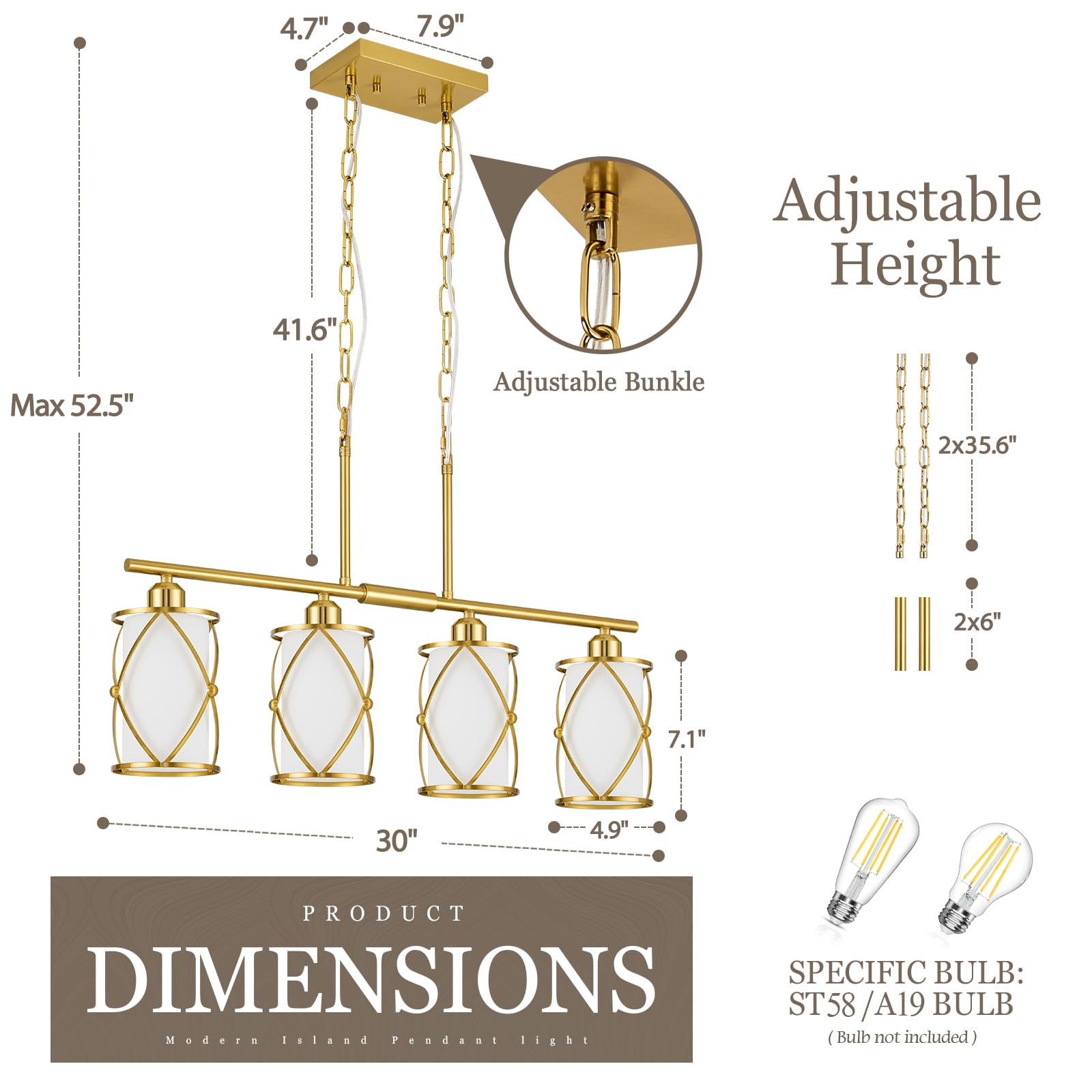 Osimir 4-Light Linear Kitchen Island Light Fixture, Brushed Gold with Milk Glass, Model CH9176BGW-4IS